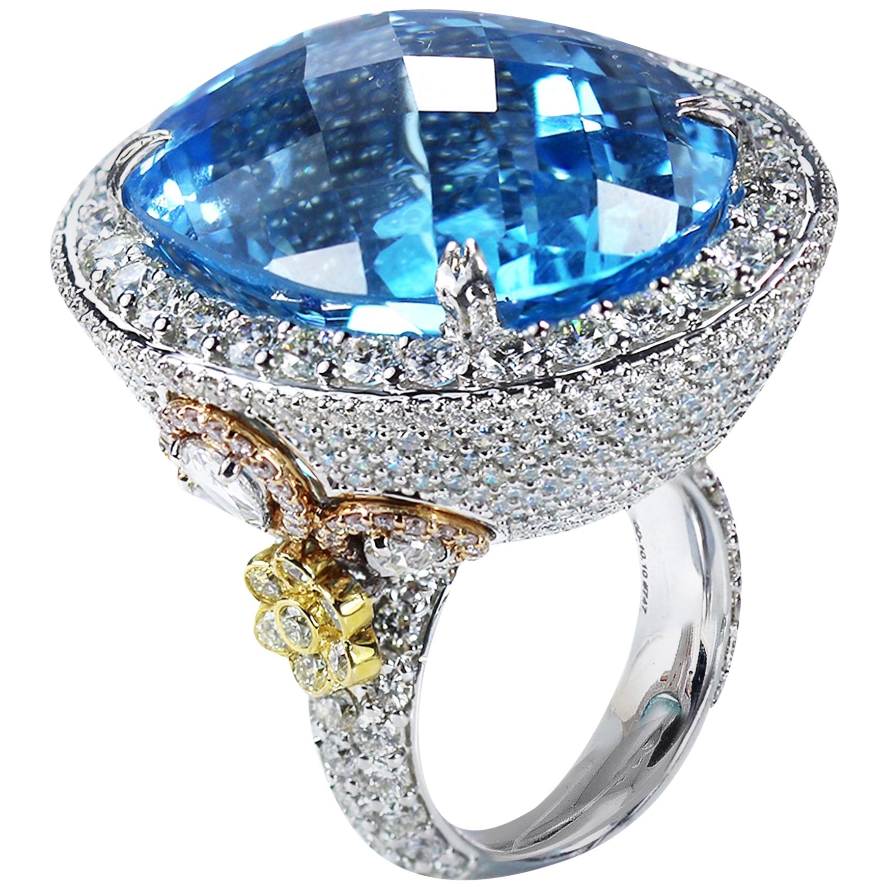 Studio Rêves Blue Topaz and Diamond Cocktail Ring in 18 Karat Gold For Sale