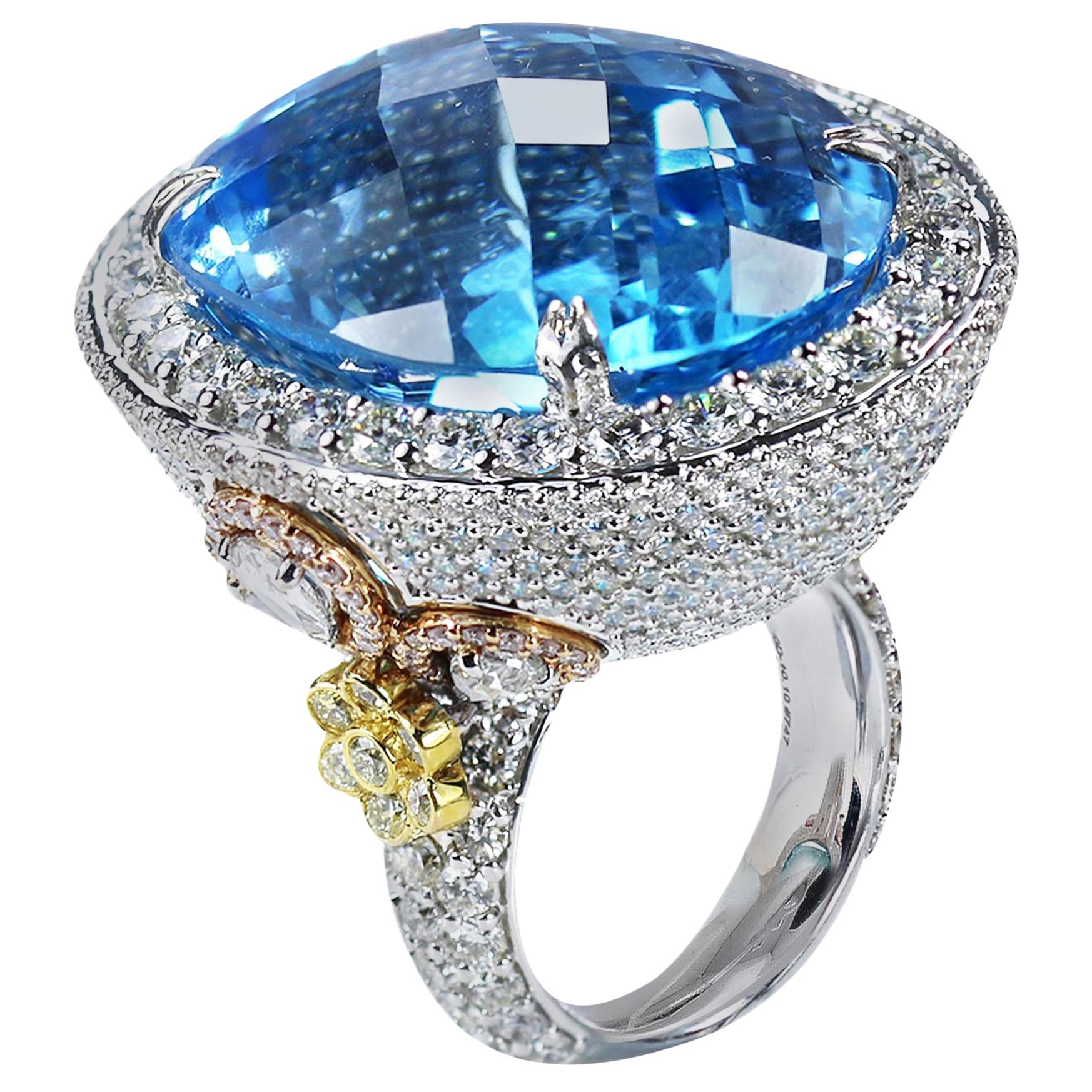 Studio Rêves Blue Topaz and Diamond Fashion Ring in 18 Karat Gold For Sale