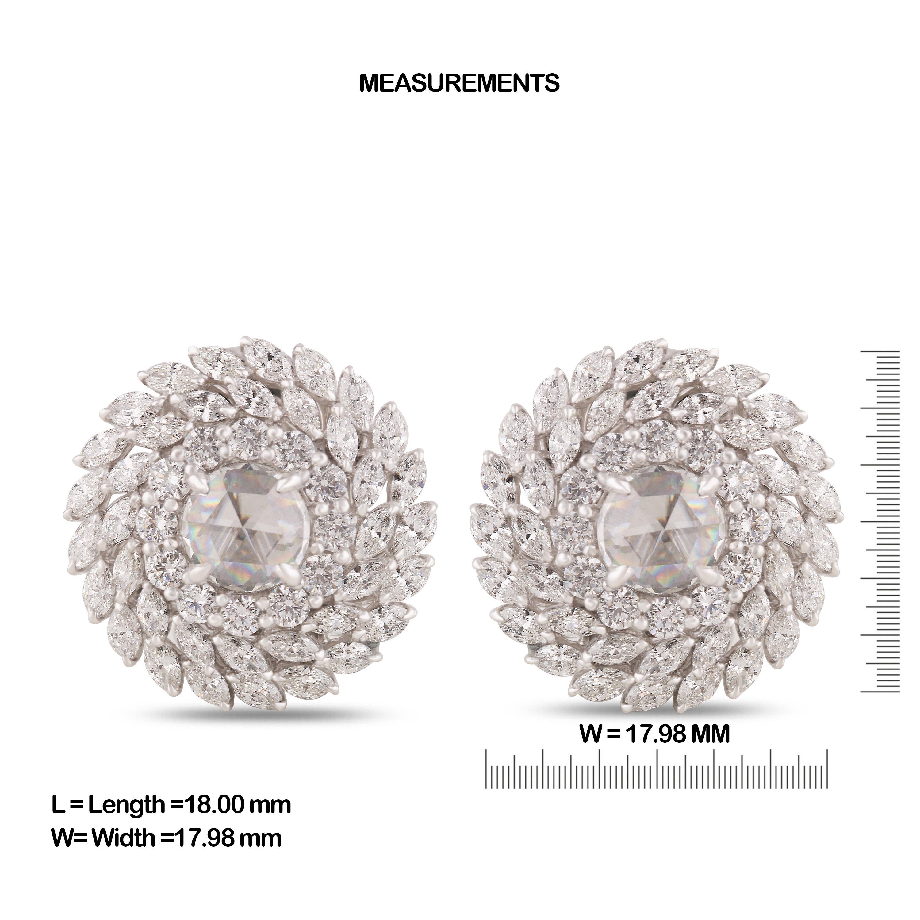 Gross Weight: 11.82 Grams
Diamond Weight: 4.010 cts
IGI Certification can be done on request.

Video of the product can be shared on request.

Carefully handcrafted, delicately cut, and effortlessly elegant, these 18K white gold statement stud