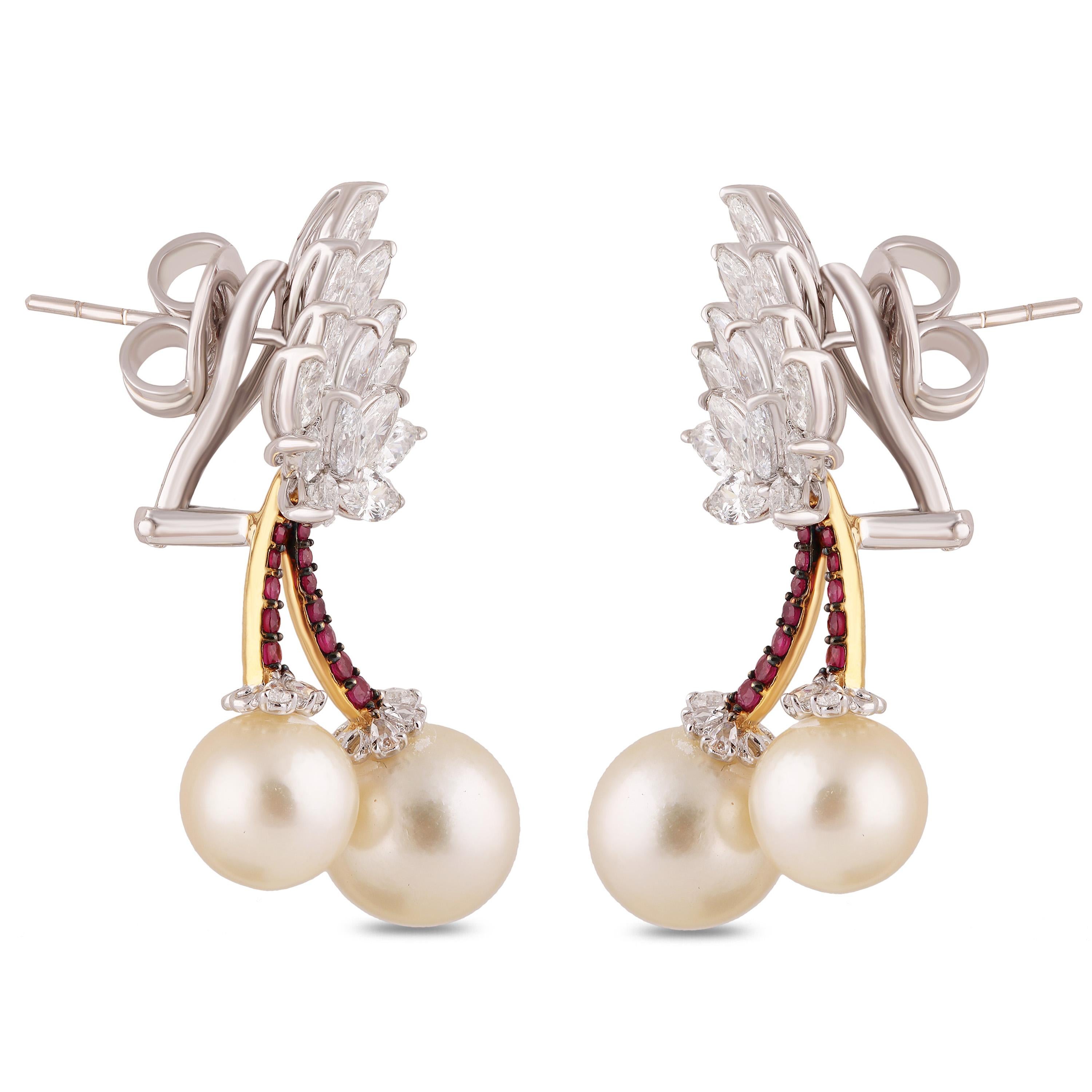Marquise Cut Studio Rêves Cherry Blossom Diamond Stud Earrings in 18 Karat Gold For Sale