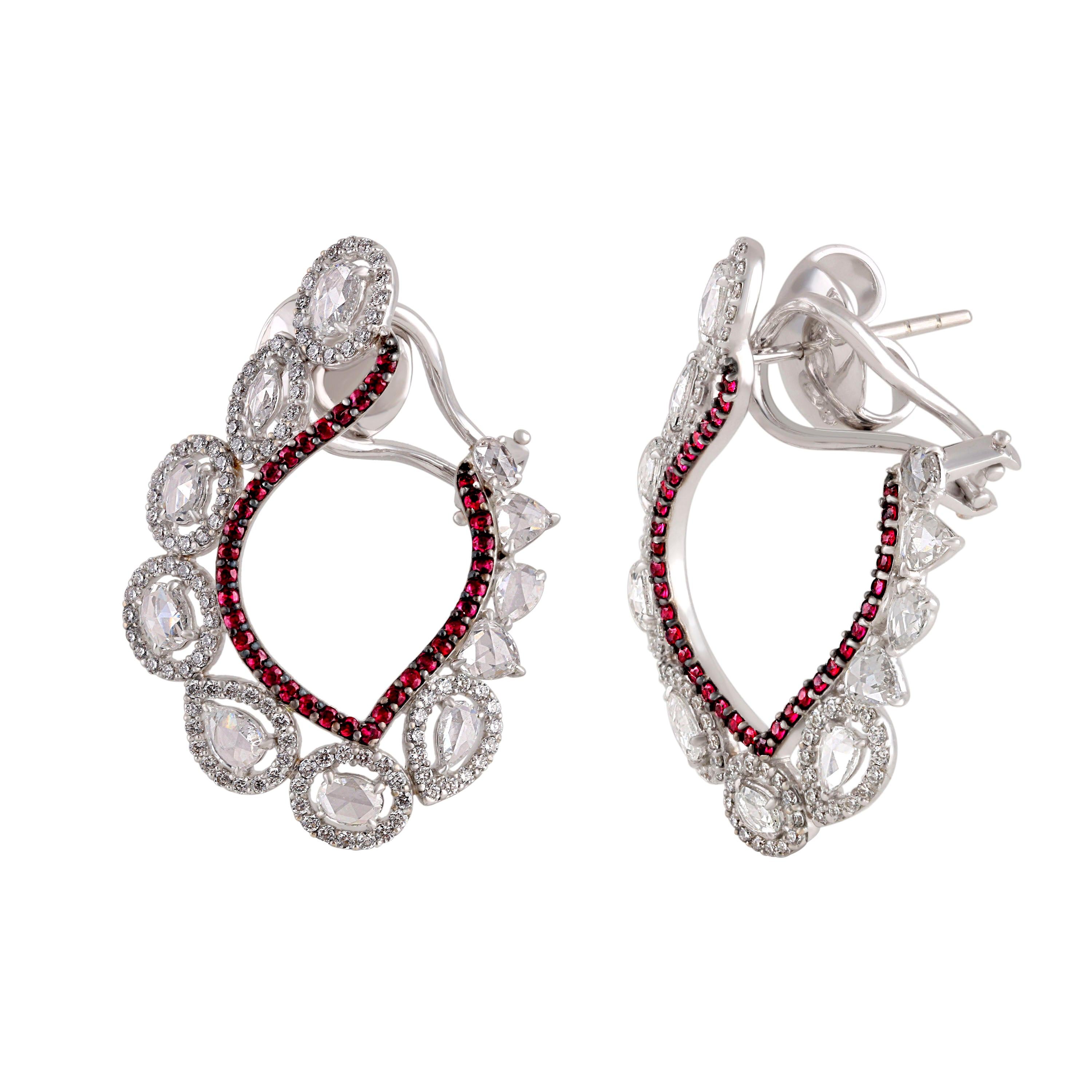 Studio Rêves Chic Diamond and Ruby Earrings in 18 Karat White Gold For Sale