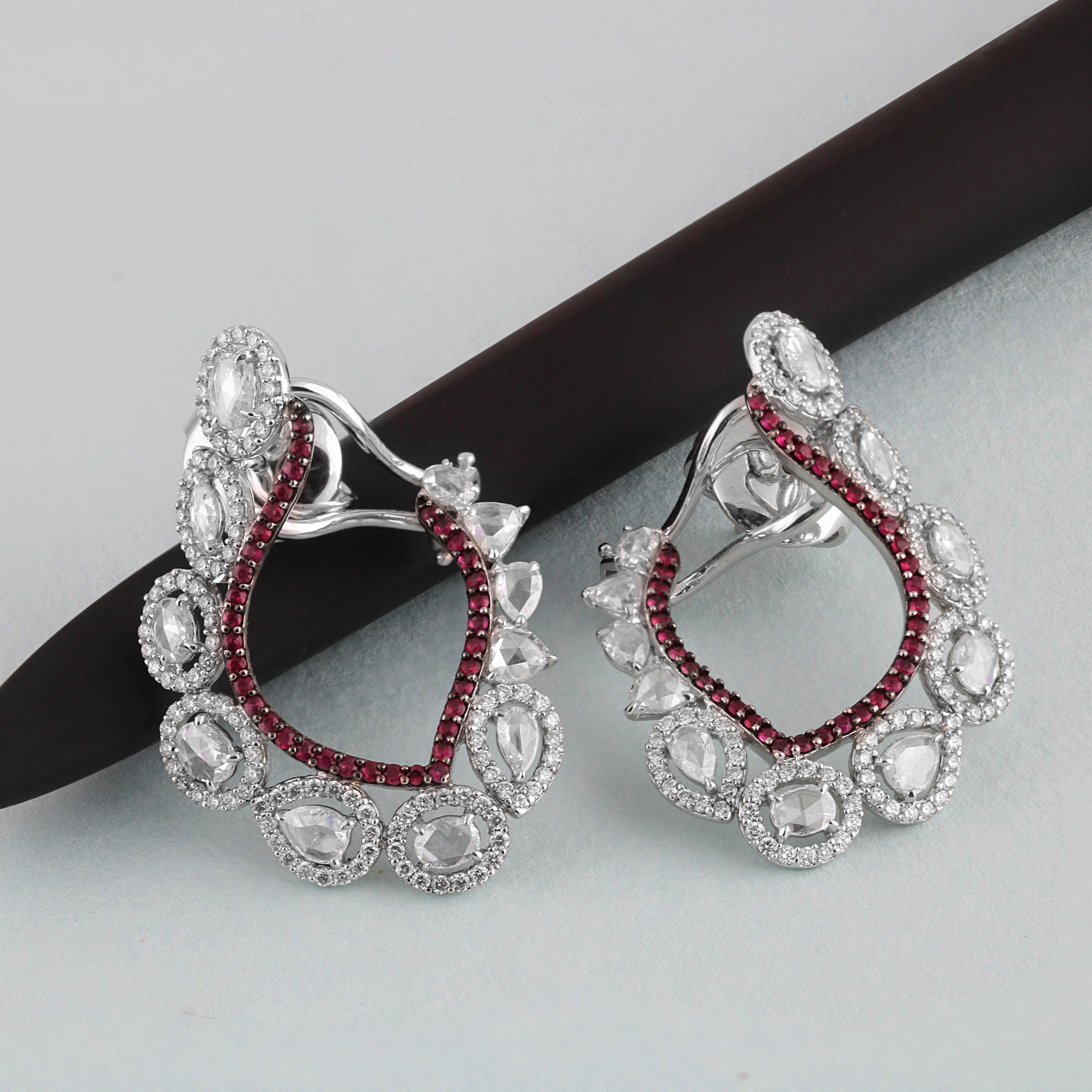 Rose Cut Studio Rêves Chic Diamond and Ruby Earrings in 18 Karat White Gold For Sale