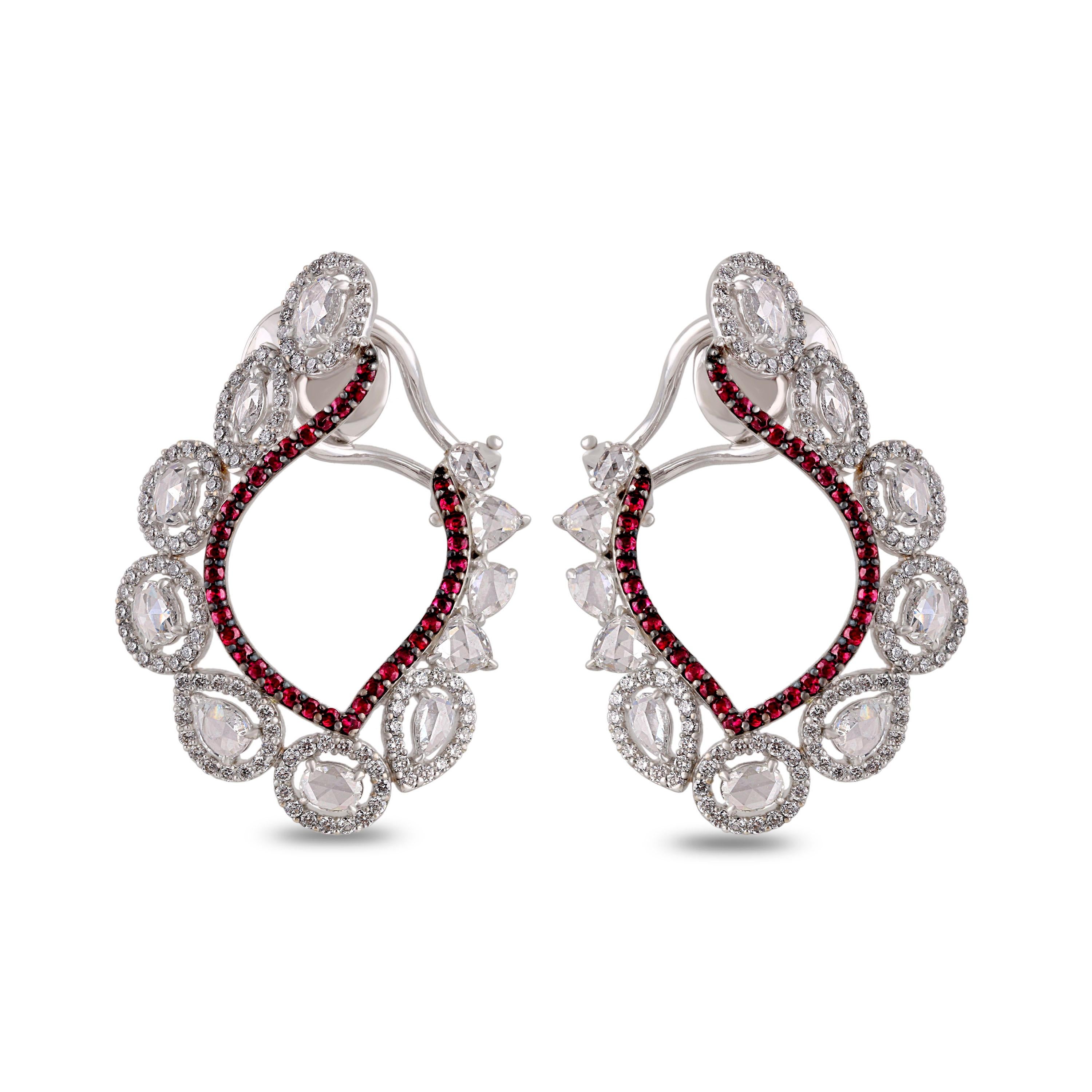 Women's Studio Rêves Chic Diamond and Ruby Earrings in 18 Karat White Gold For Sale