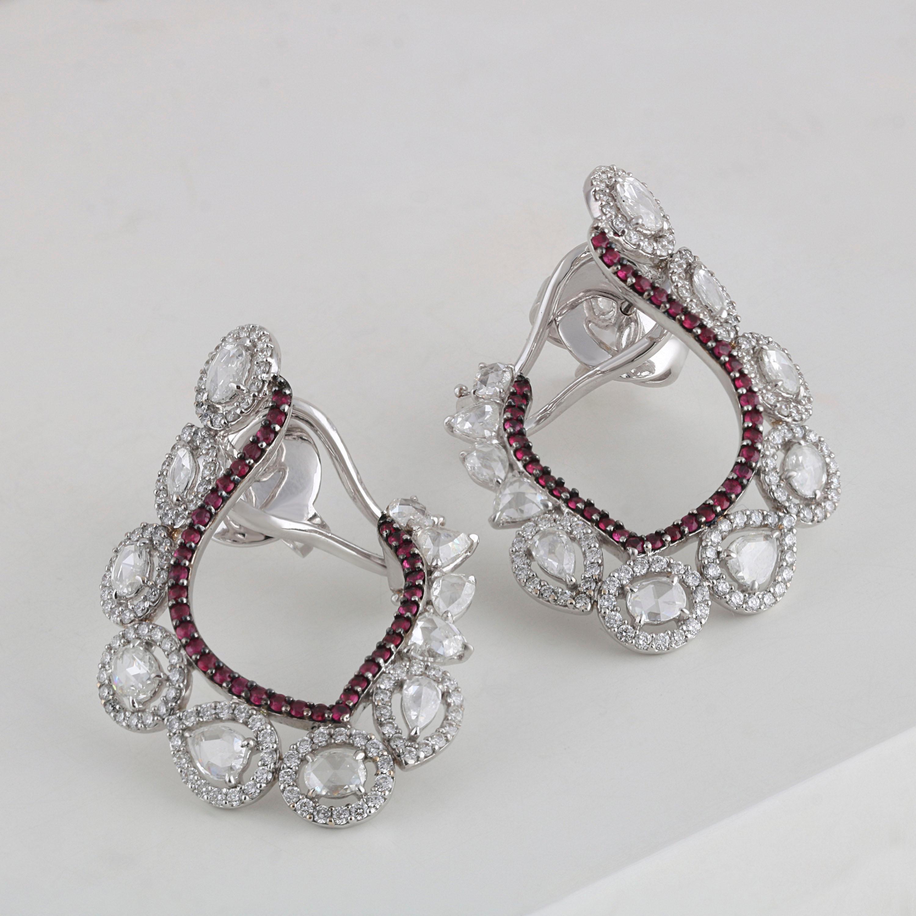 Studio Rêves Chic Diamond and Ruby Earrings in 18 Karat White Gold For Sale 3