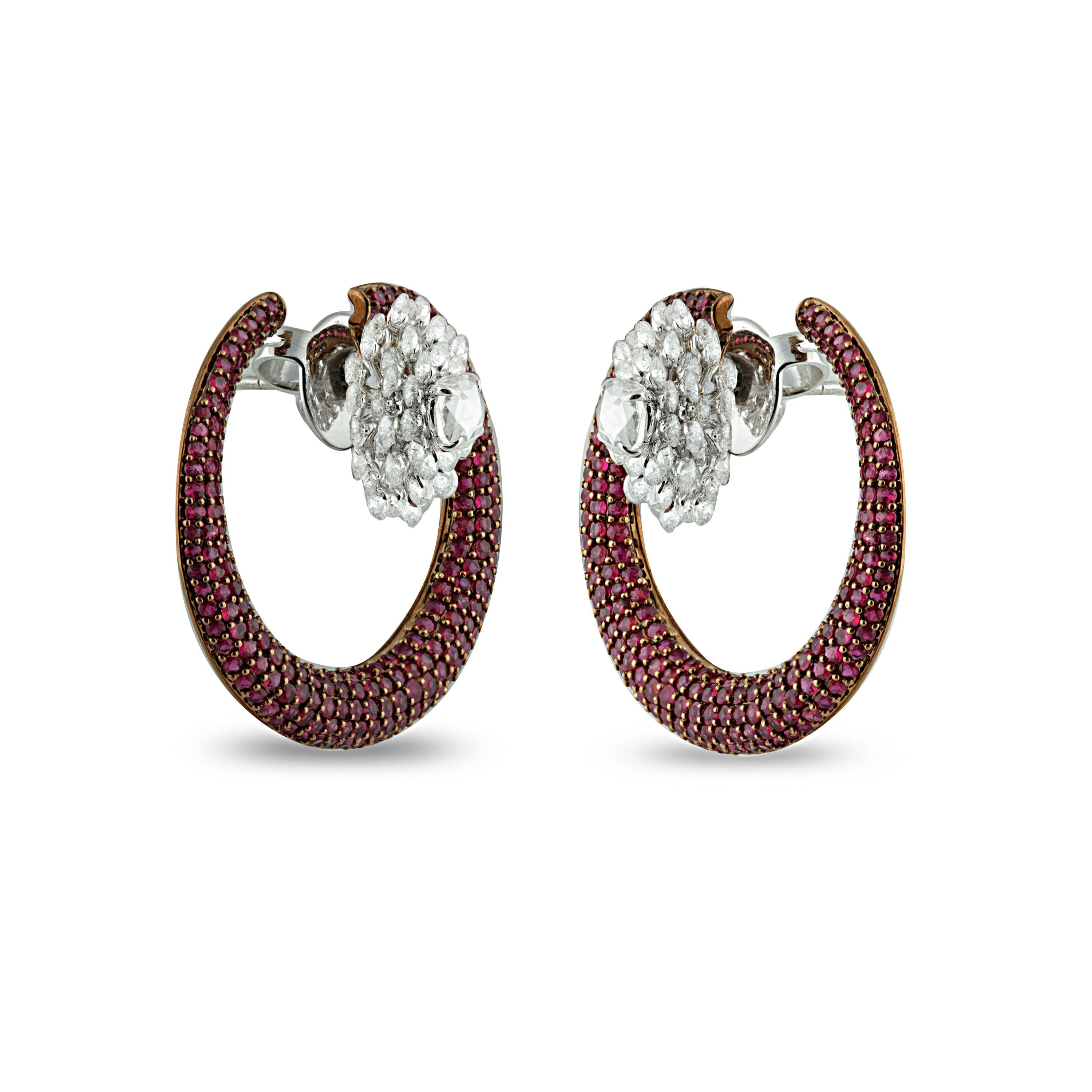 Contemporary Studio Rêves Circular Ruby Earrings with Diamonds in 18 Karat Gold