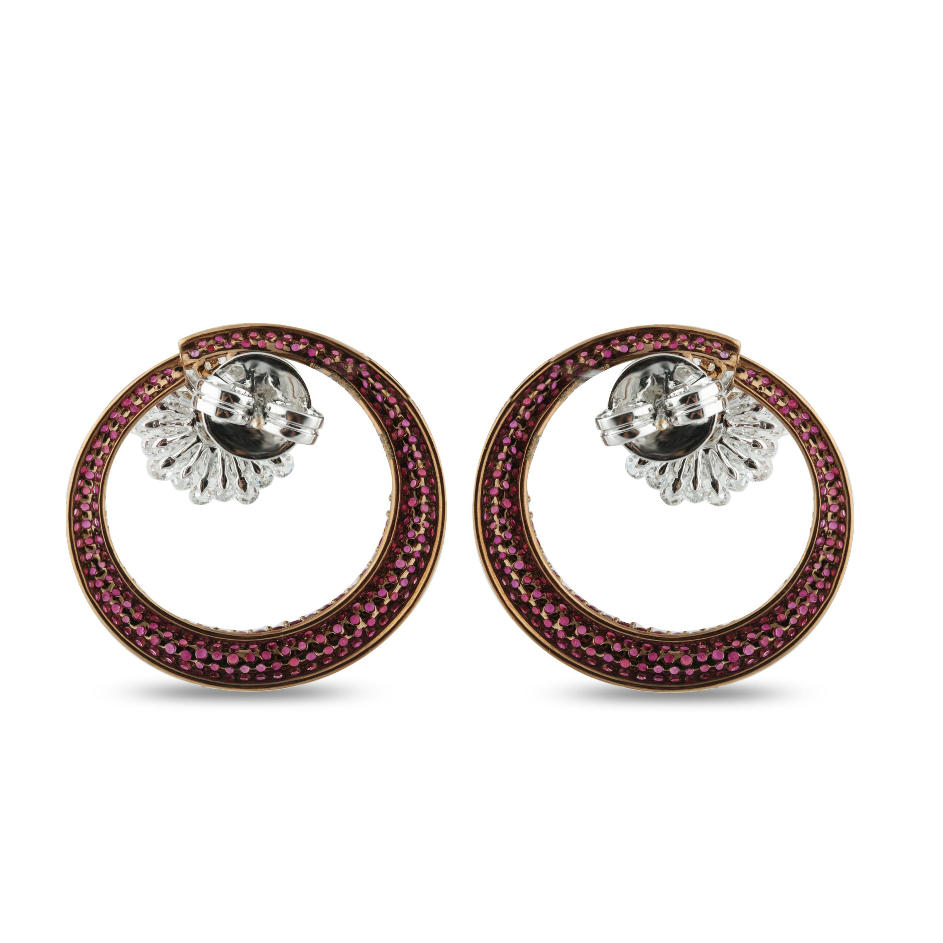 Rose Cut Studio Rêves Circular Ruby Earrings with Diamonds in 18 Karat Gold