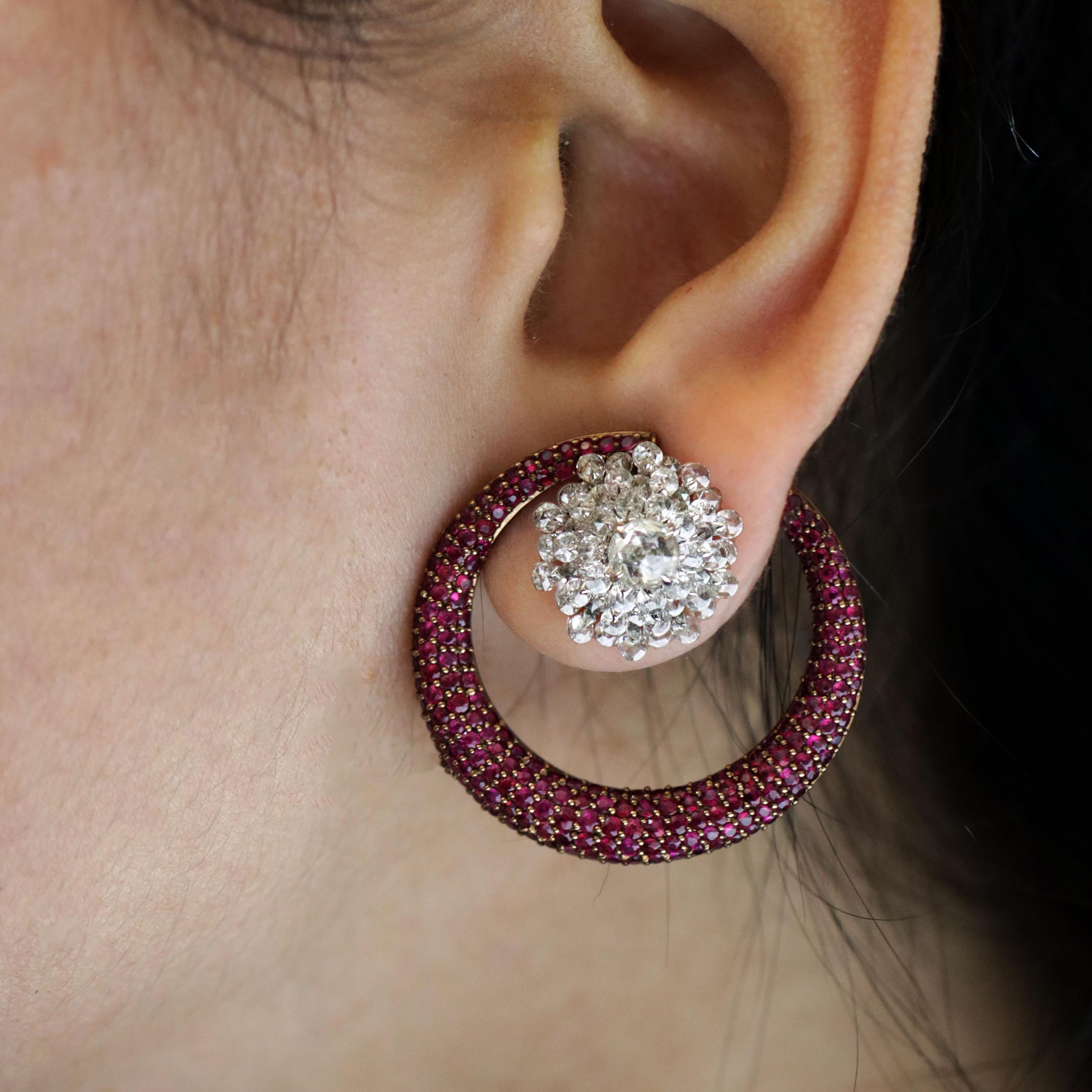 Studio Rêves Circular Ruby Earrings with Diamonds in 18 Karat Gold 1