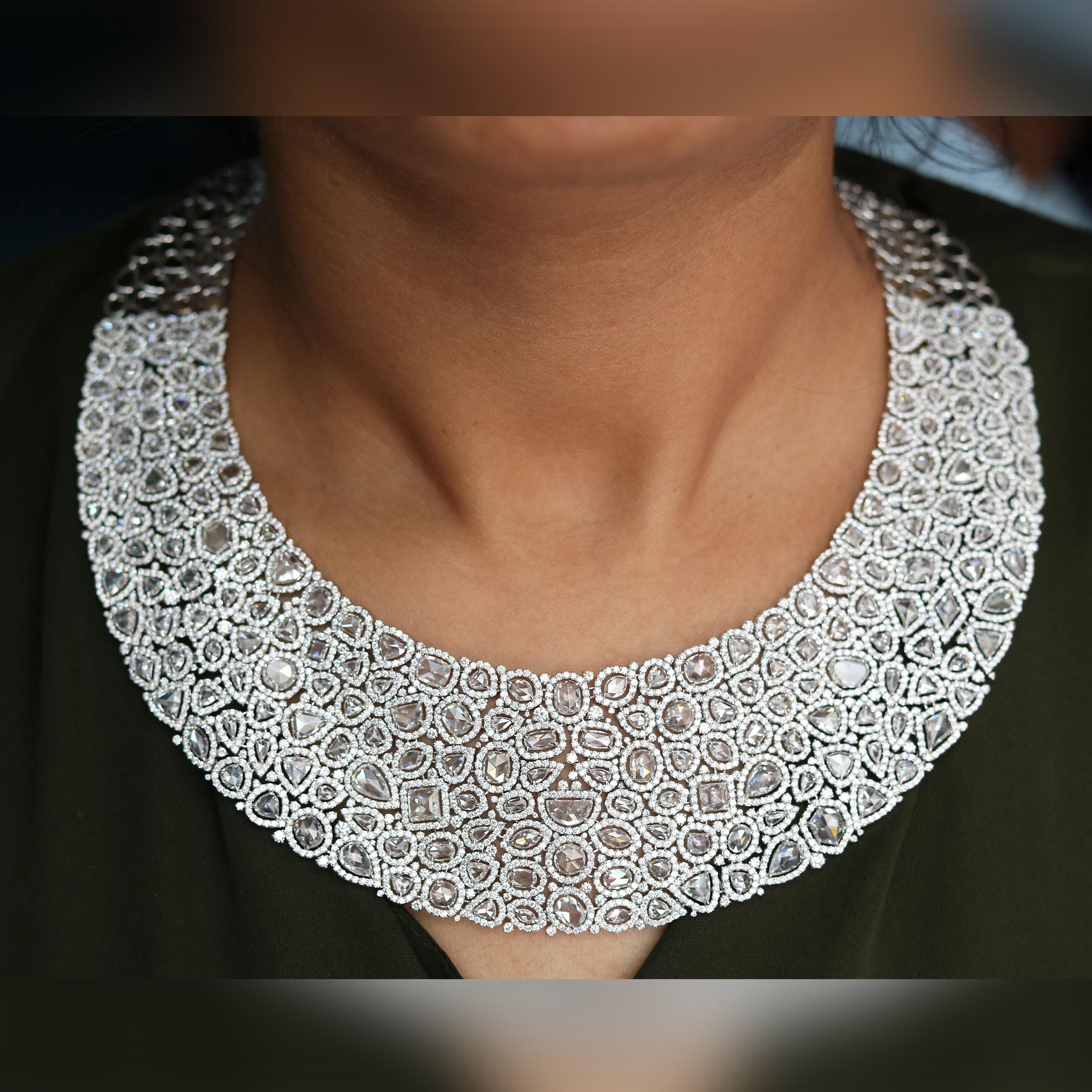 Gross Weight: 148.99 Grams
Diamond Weight: 62.10 Carats

IGI Certification can be done on request.

Video of the product can be shared on request.

This carpet cleopatra necklace, is inspired by the high-shine luminescence of diamonds, we unveil