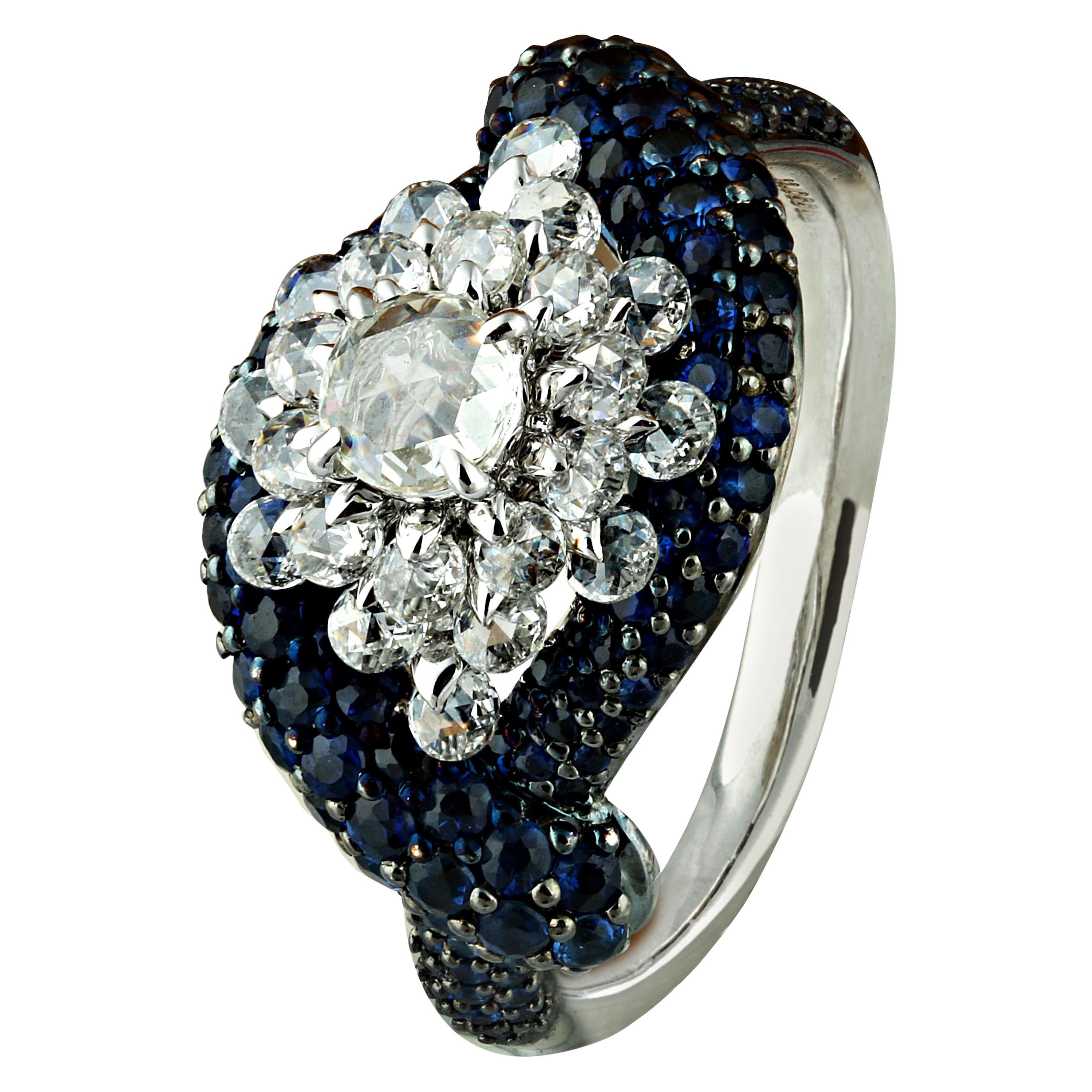 Studio Rêves Cluster Rosecut and Blue Sapphire Diamonds in 18 Karat Gold For Sale