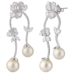 Studio Rêves Dangling Diamond and Pearl Earrings in 18 Karat White Gold