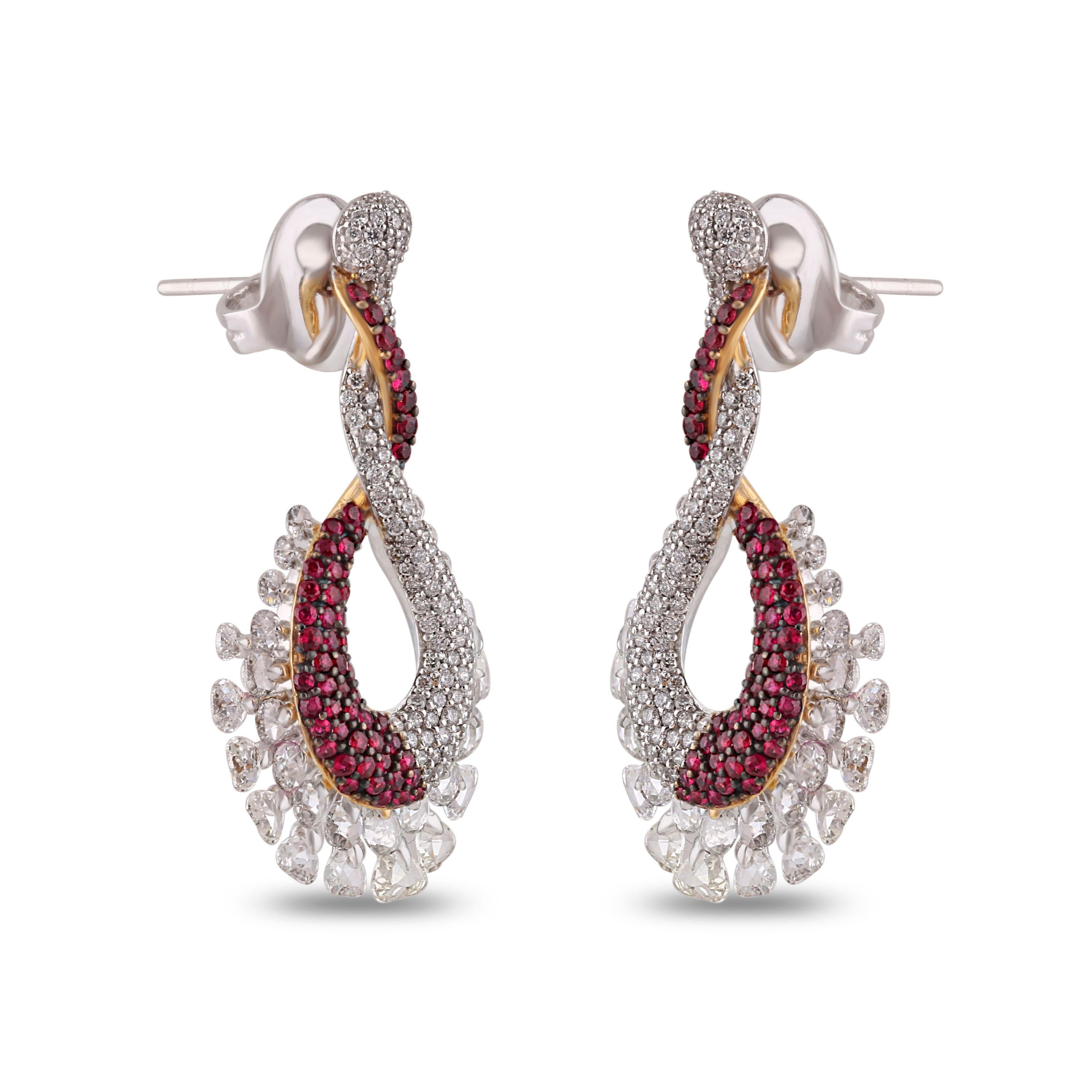 Studio Rêves Dangling Earrings with Diamond and Ruby in 18 Karat Gold For Sale 1