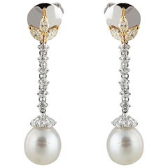 Studio Rêves Dangling Earrings with Diamonds and South Sea Pearls in 18K Gold