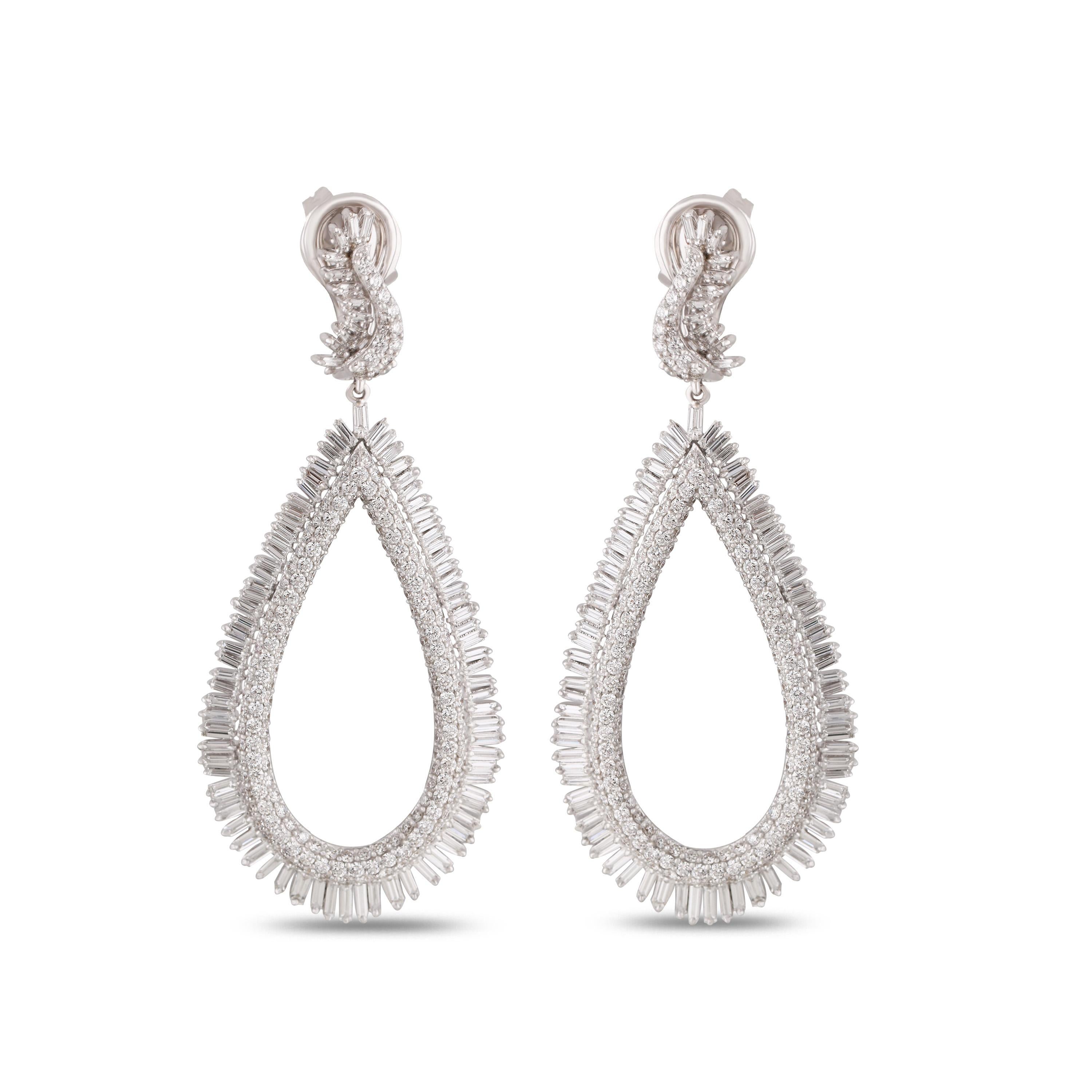 Contemporary Studio Rêves Diamond and Baguette Studded Dangling Earrings in 18K White Gold