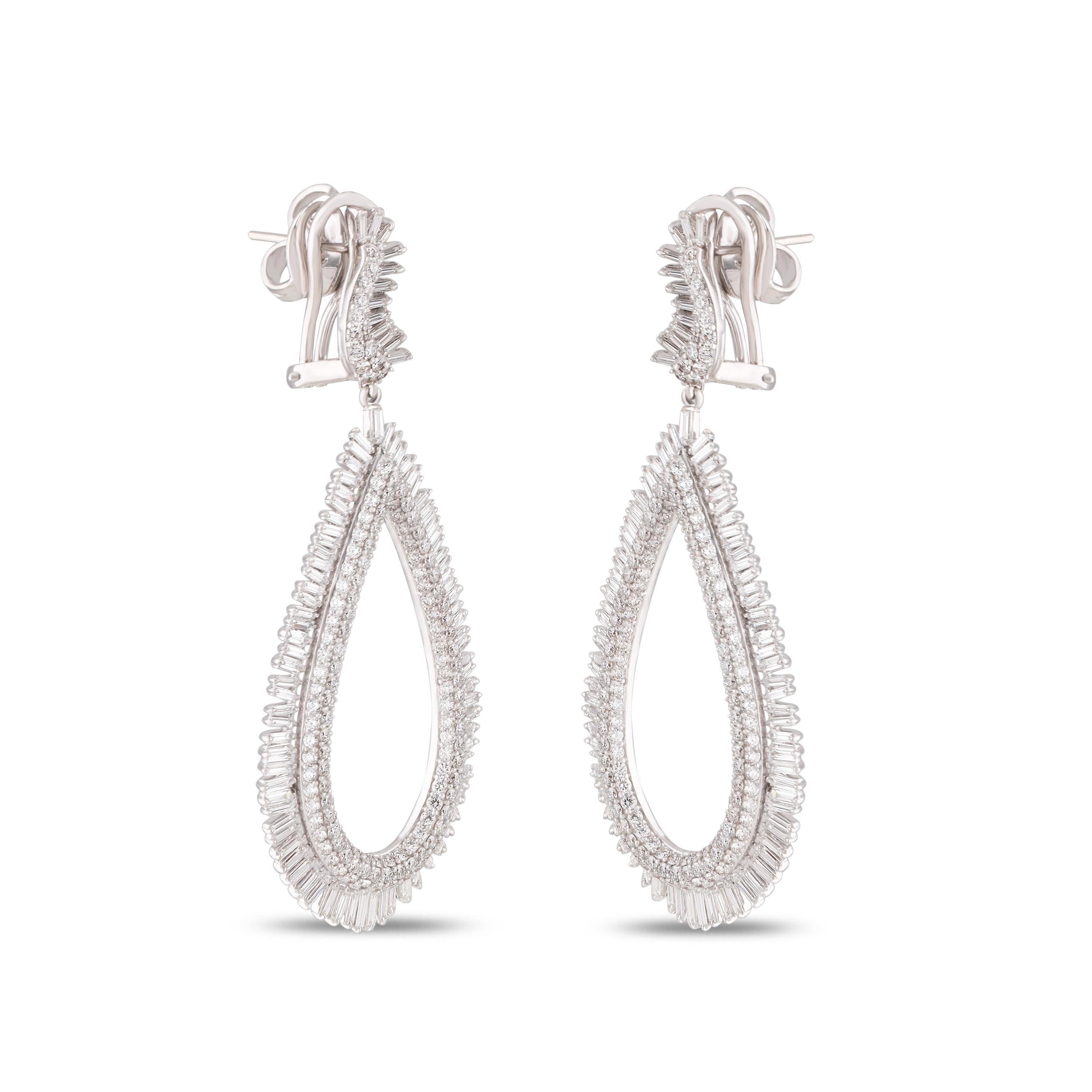 Baguette Cut Studio Rêves Diamond and Baguette Studded Dangling Earrings in 18K White Gold