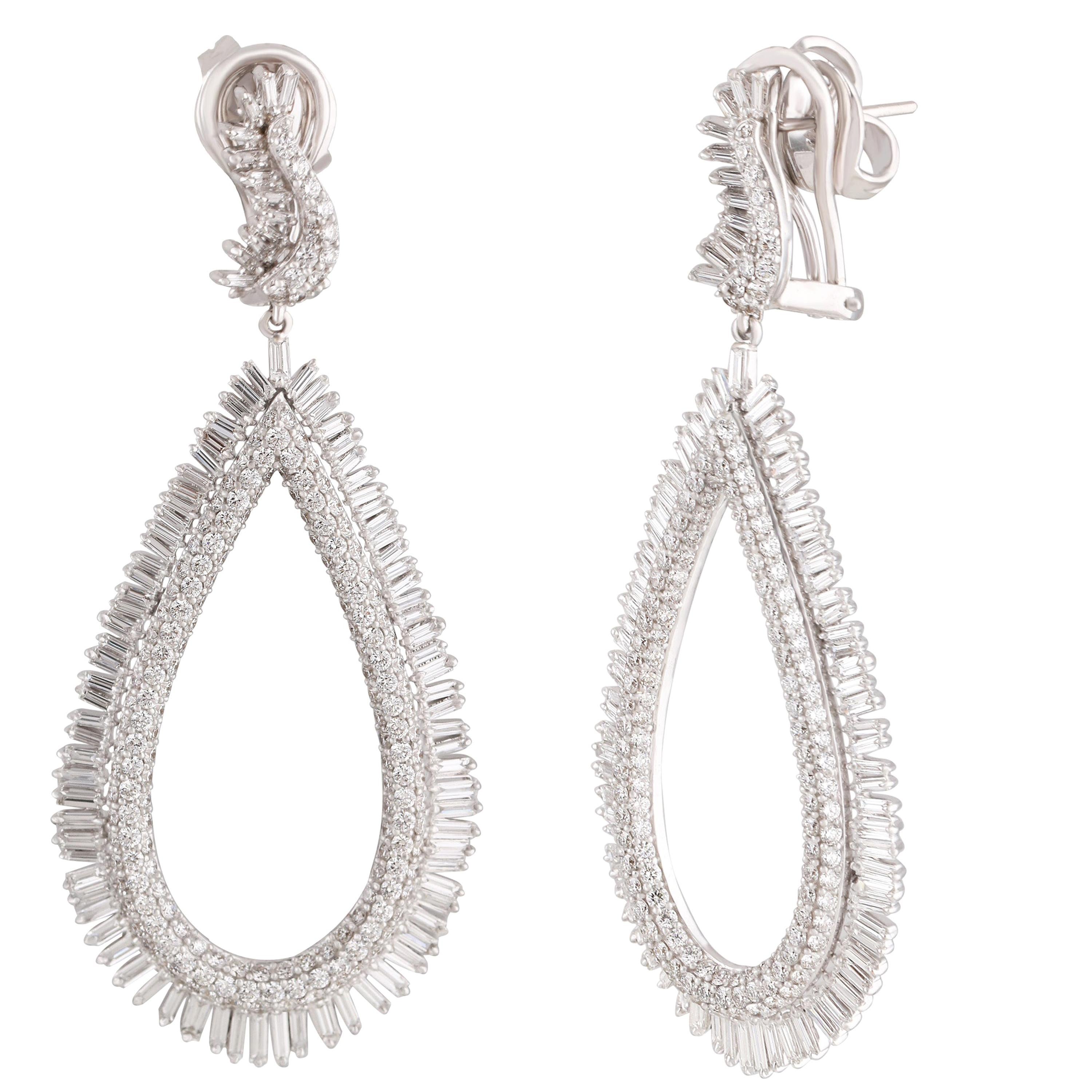 Baguette Cut Studio Rêves Diamond and Baguette Studded Dangling Earrings in 18K White Gold For Sale