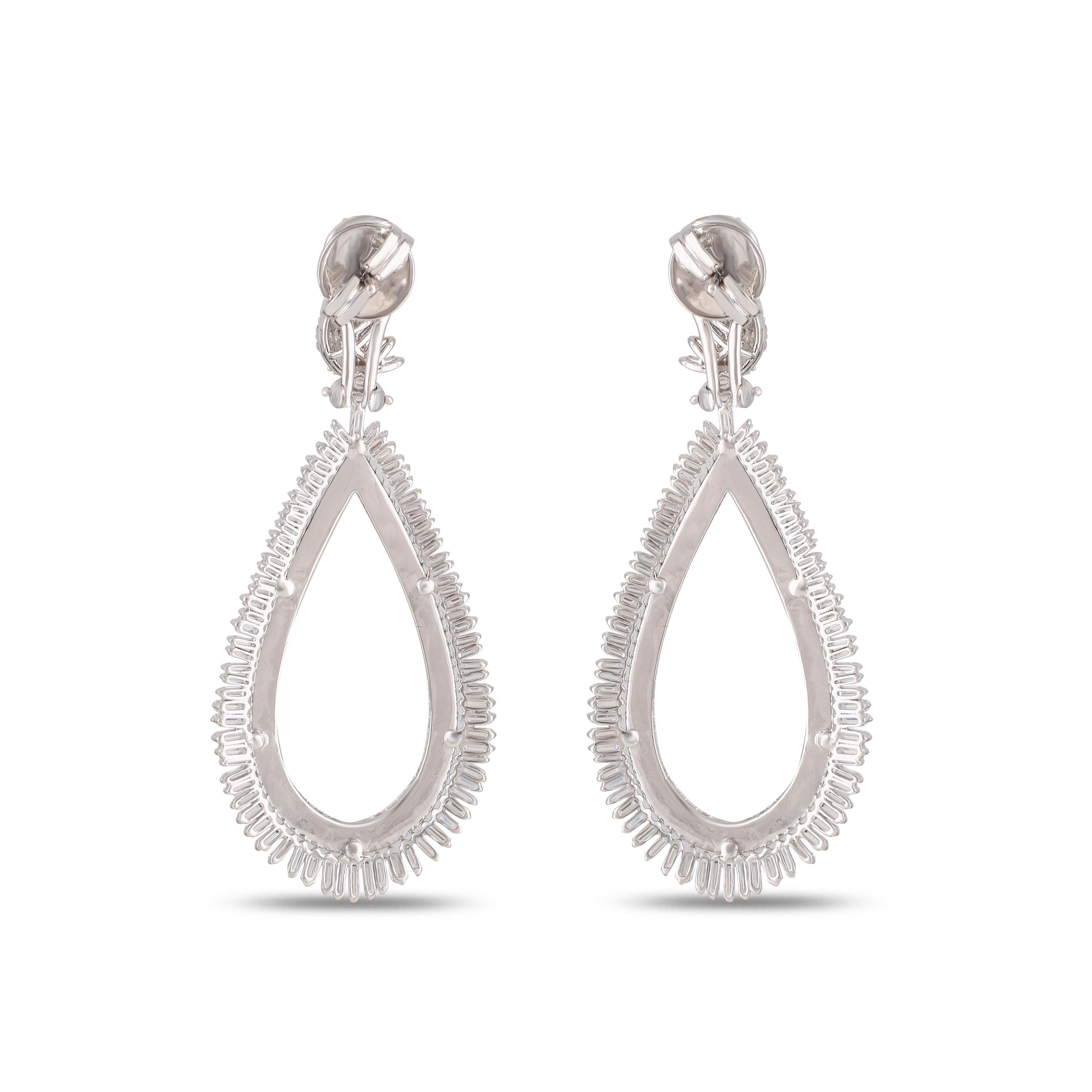 Women's Studio Rêves Diamond and Baguette Studded Dangling Earrings in 18K White Gold For Sale