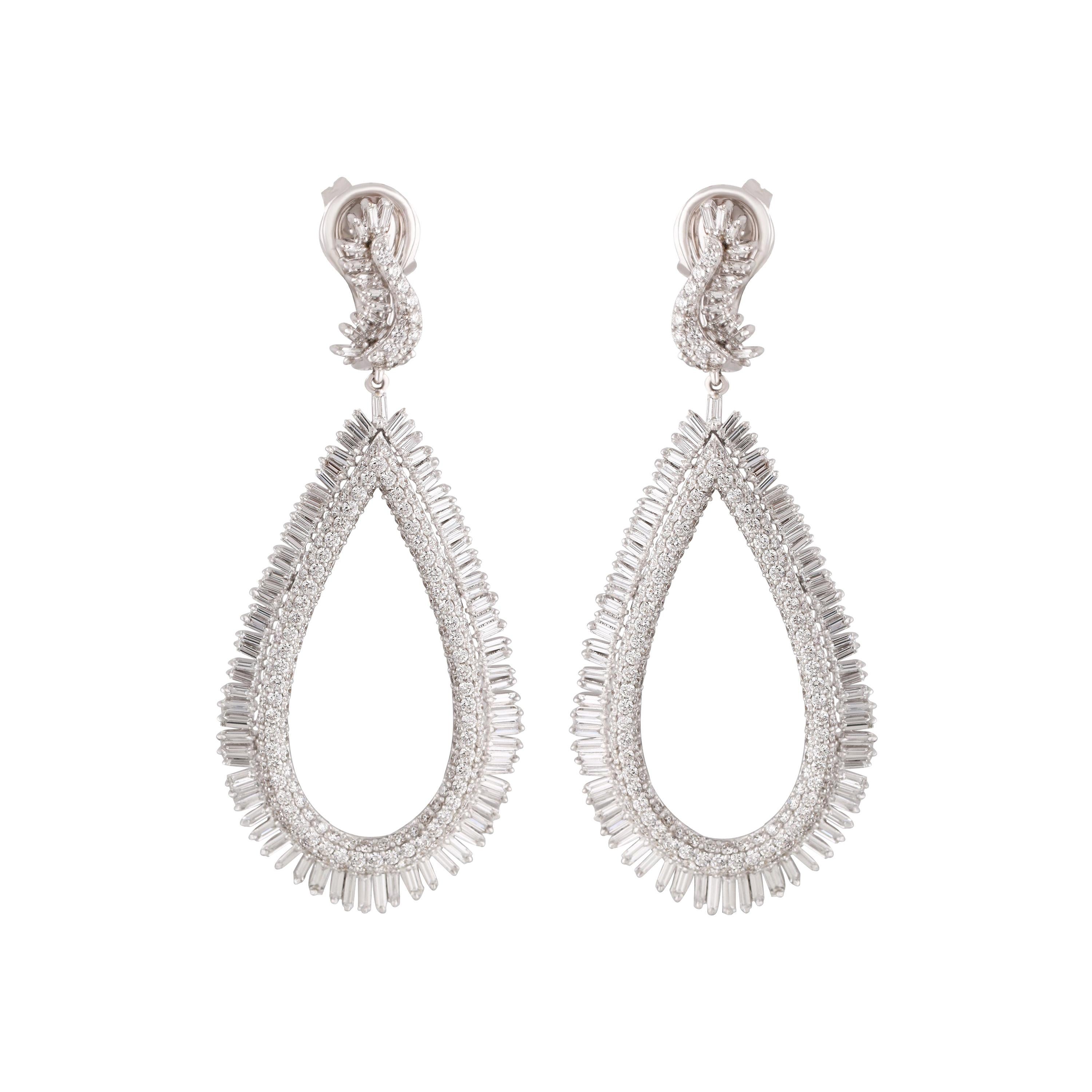 Studio Rêves Diamond and Baguette Studded Dangling Earrings in 18K White Gold For Sale
