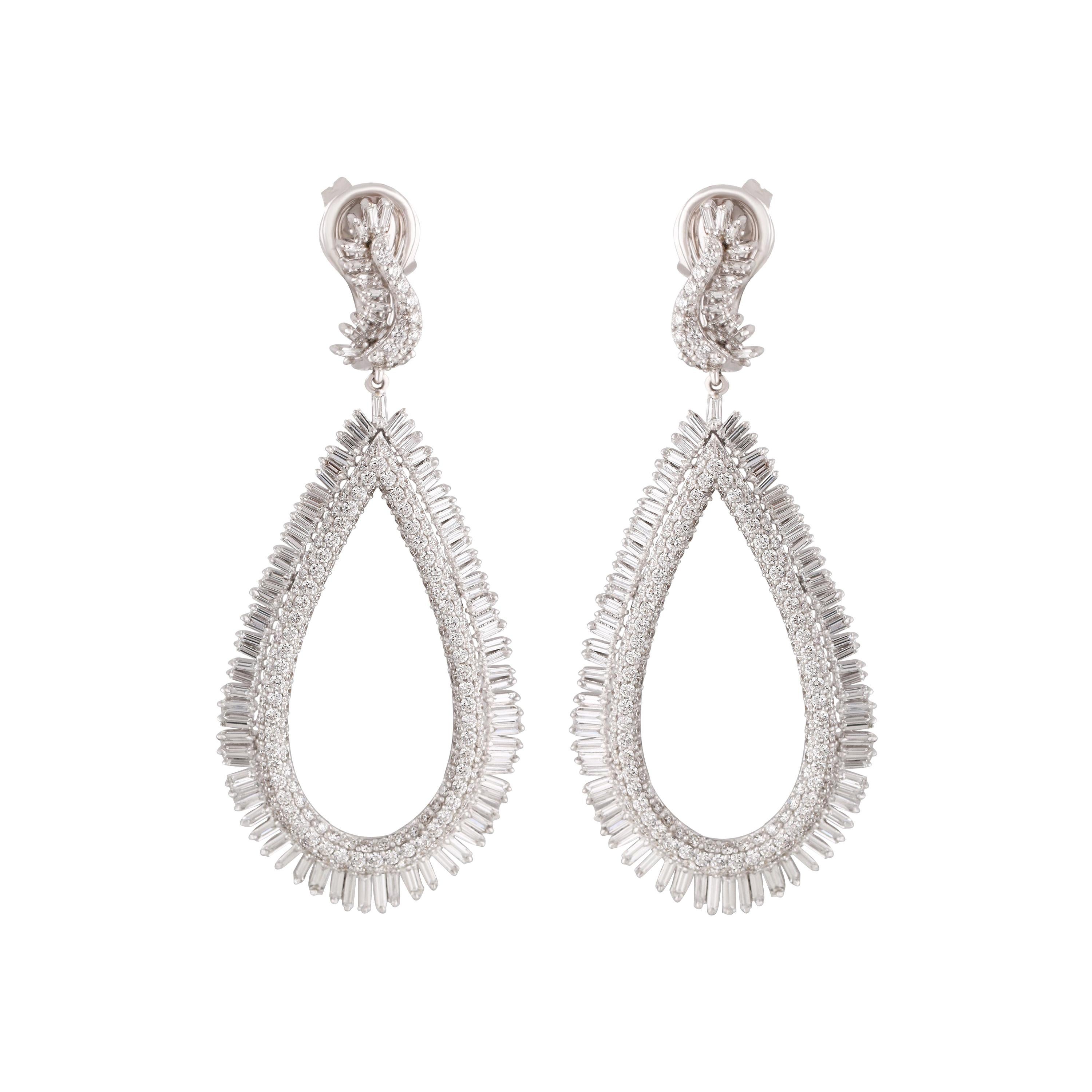 Studio Rêves Diamond and Baguette Studded Dangling Earrings in 18K White Gold