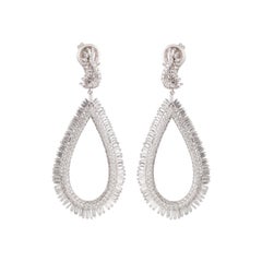 Studio Rêves Diamond and Baguette Studded Dangling Earrings in 18K White Gold