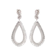 Studio Rêves Diamond and Baguette Studded Dangling Earrings in 18K White Gold