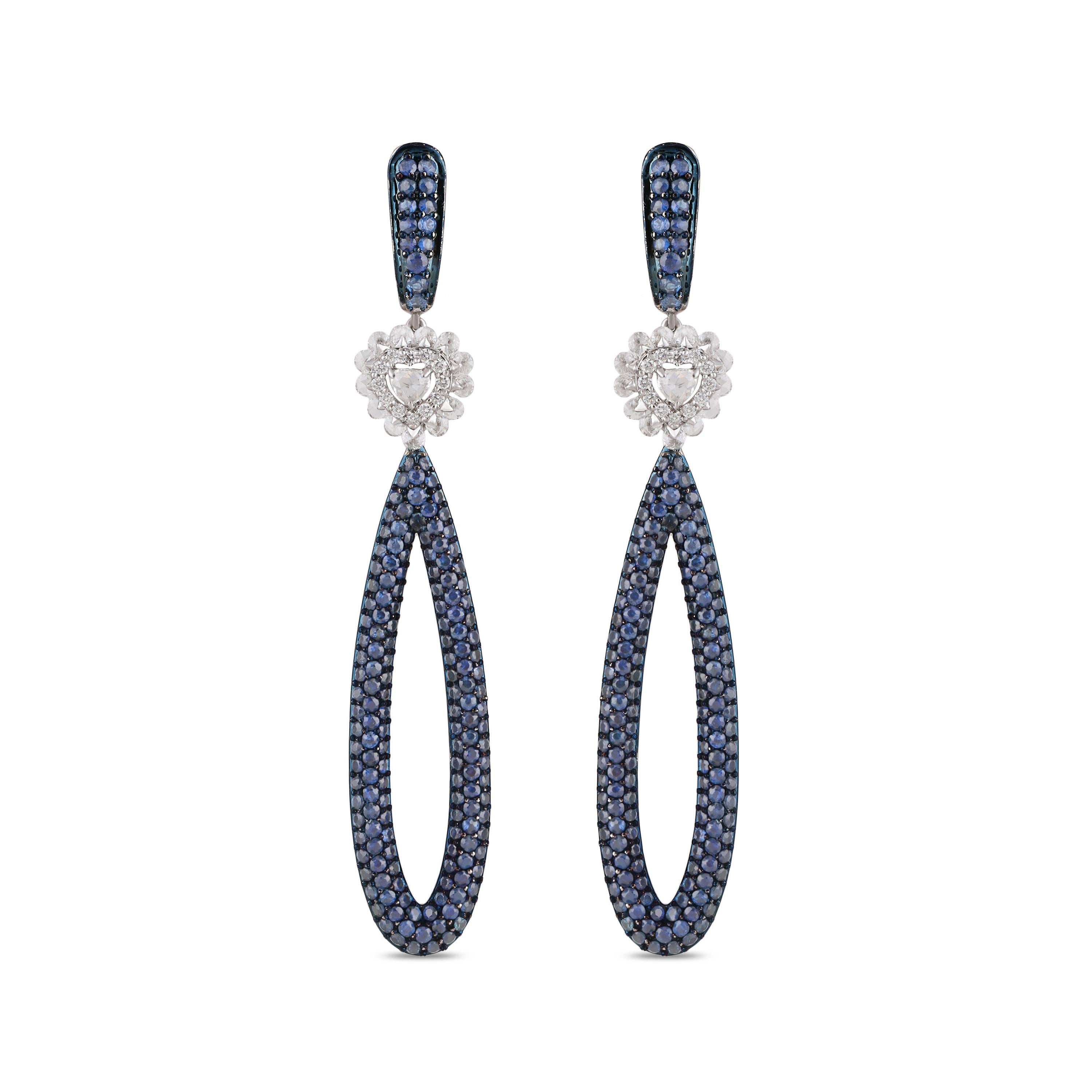 Women's Studio Rêves Diamond and Blue Sapphire Dangling Earrings in 18 Karat White Gold For Sale