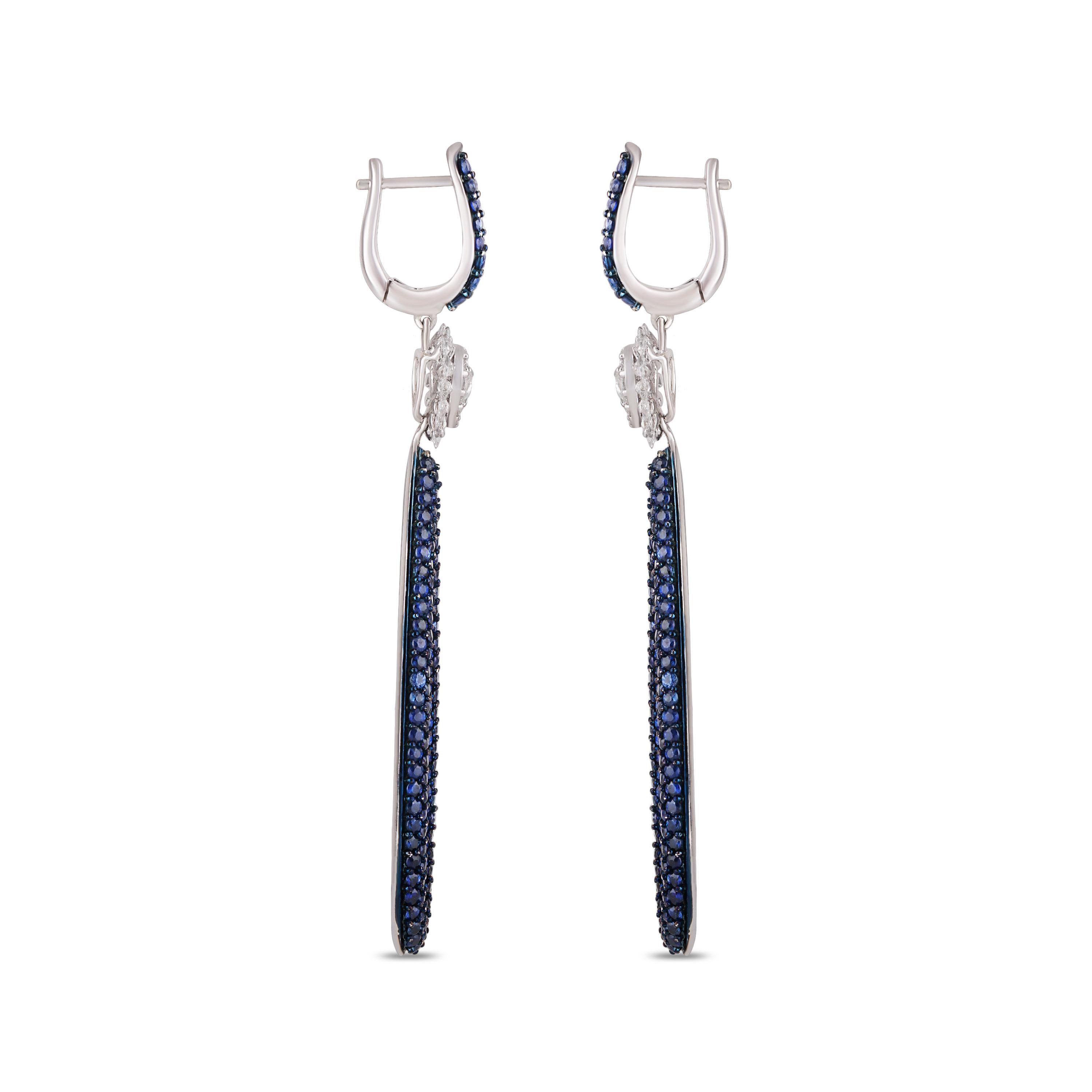 Studio Rêves Diamond and Blue Sapphire Dangling Earrings in 18 Karat White Gold For Sale 1