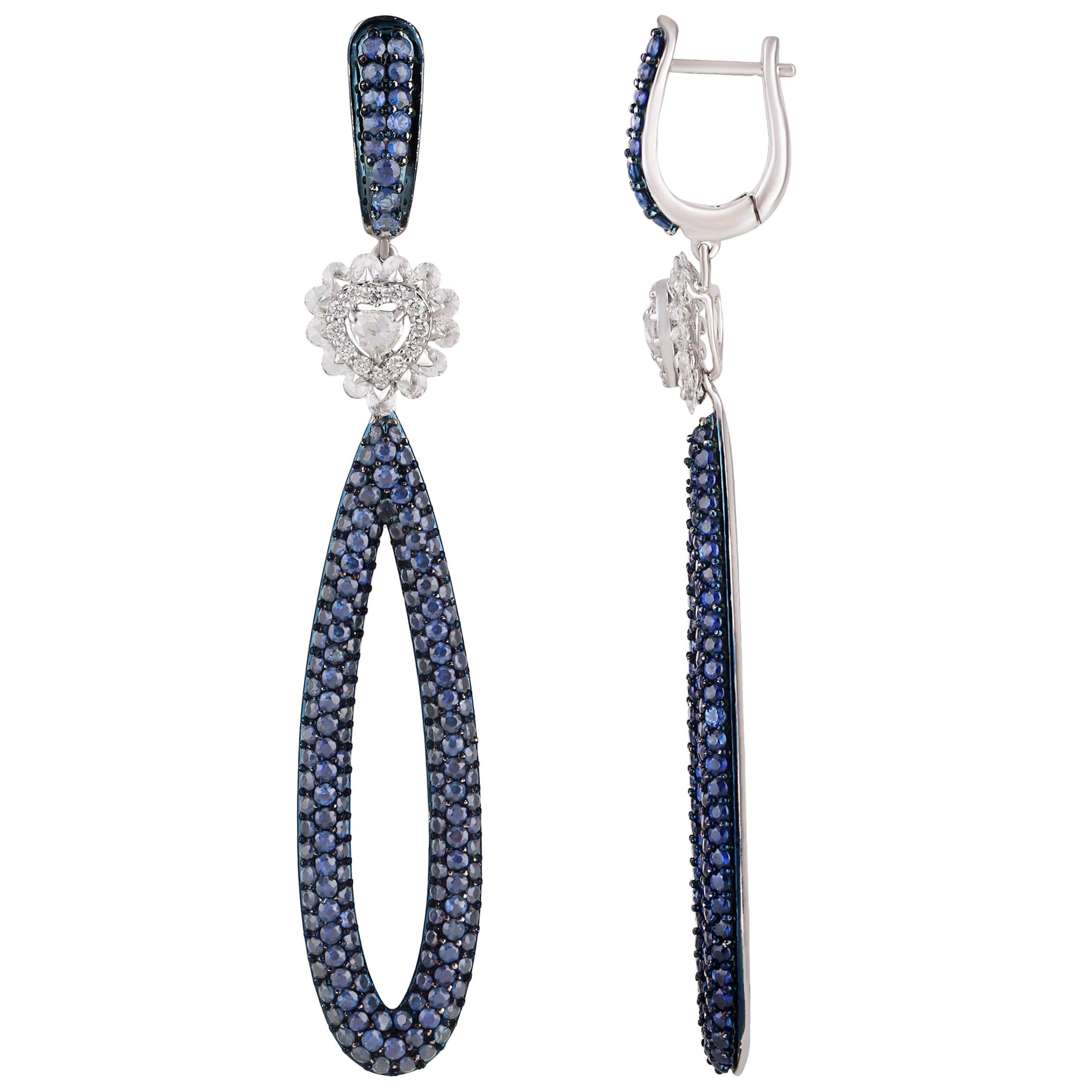 Studio Rêves Diamond and Blue Sapphire Dangling Earrings in 18 Karat White Gold For Sale