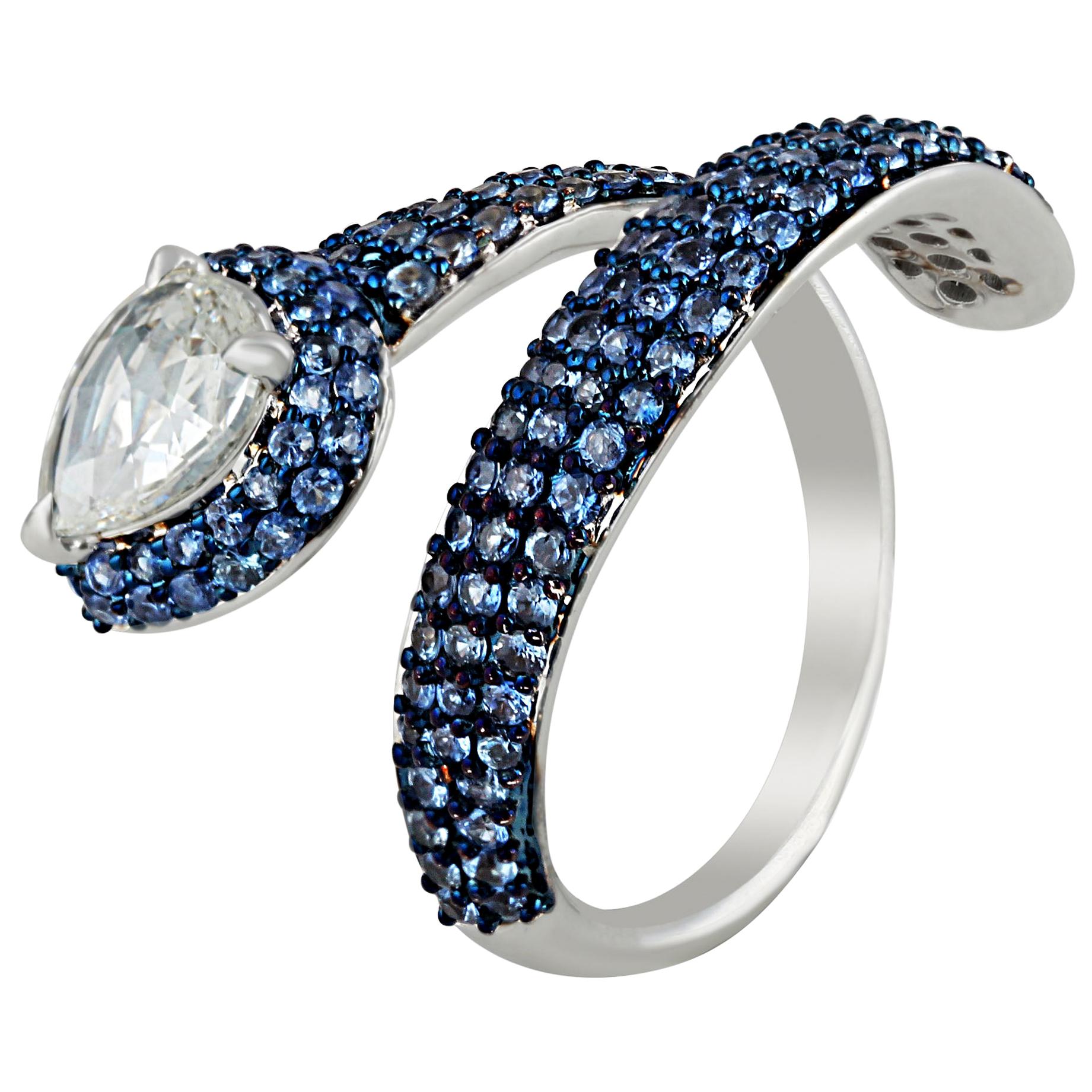 Studio Rêves Diamond and Blue Sapphire Serpent Ring in 18 Karat Gold