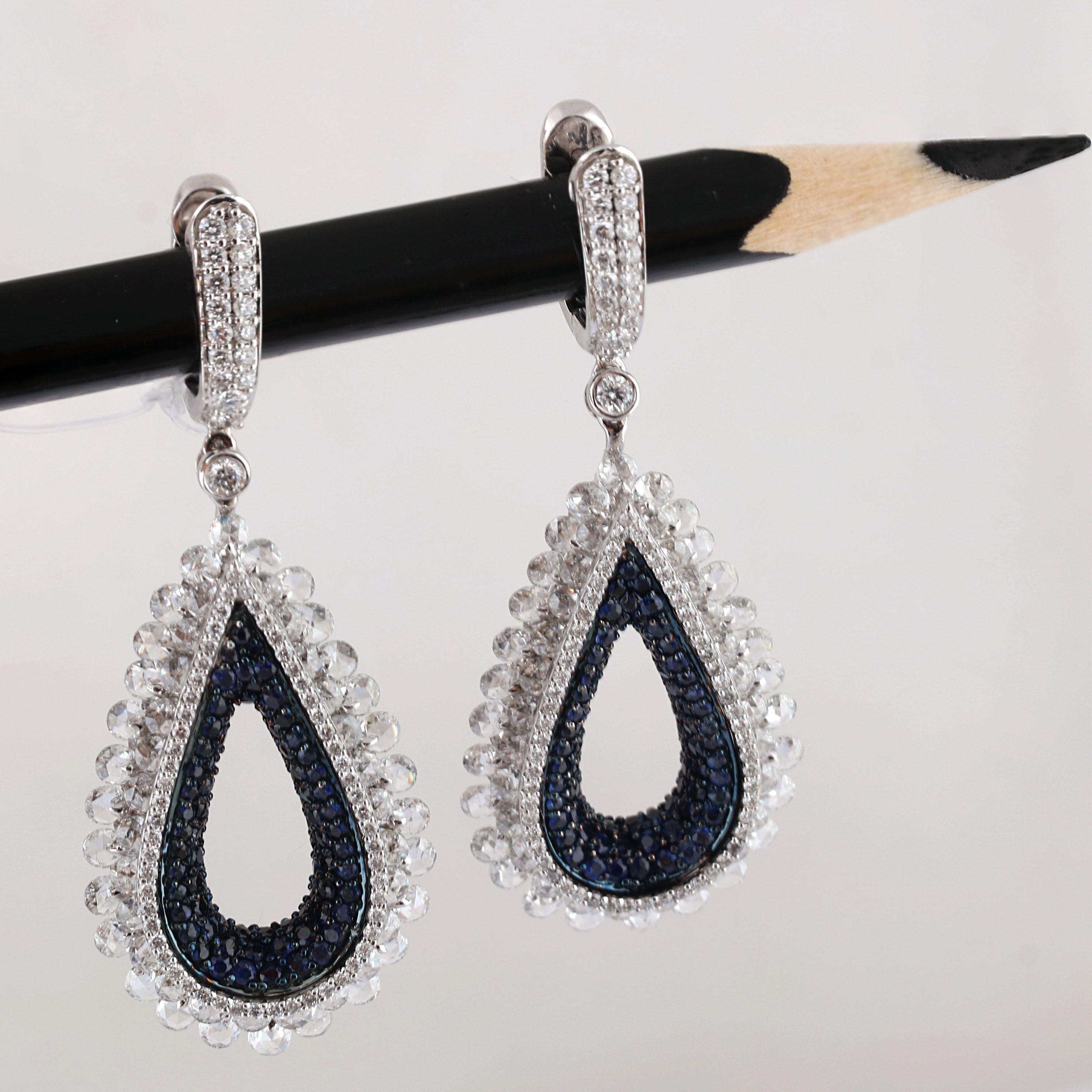 Studio Rêves Diamond and Blue Sapphire Tear Drop Reversible Earrings in 18K Gold In New Condition For Sale In Mumbai, Maharashtra