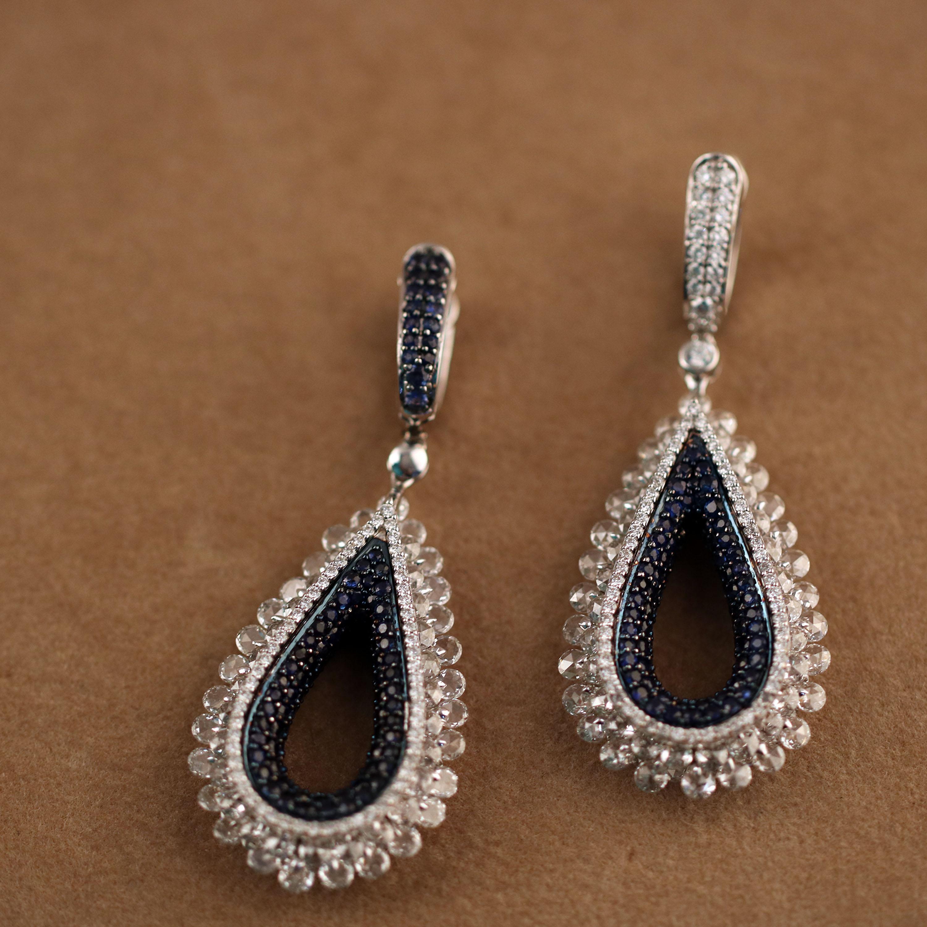 Studio Rêves Diamond and Blue Sapphire Tear Drop Reversible Earrings in 18K Gold For Sale 3