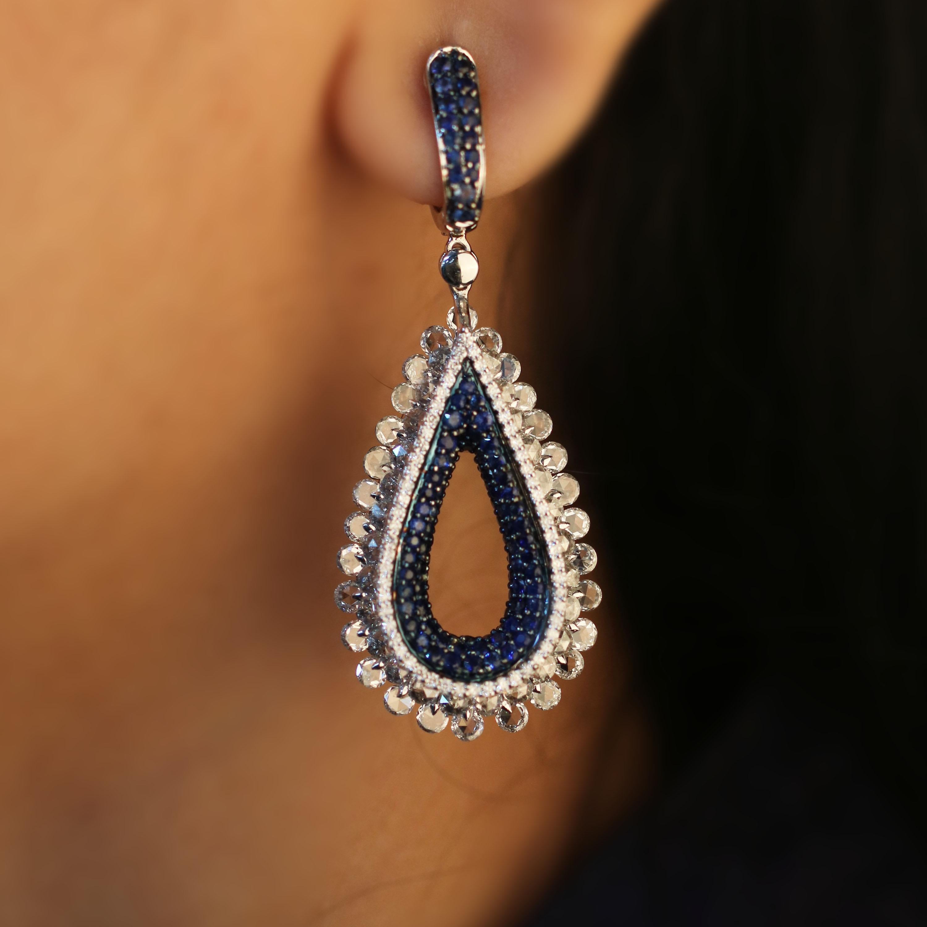 Contemporary Studio Rêves Diamond and Blue Sapphire Tear Drop Reversible Earrings in 18K Gold For Sale