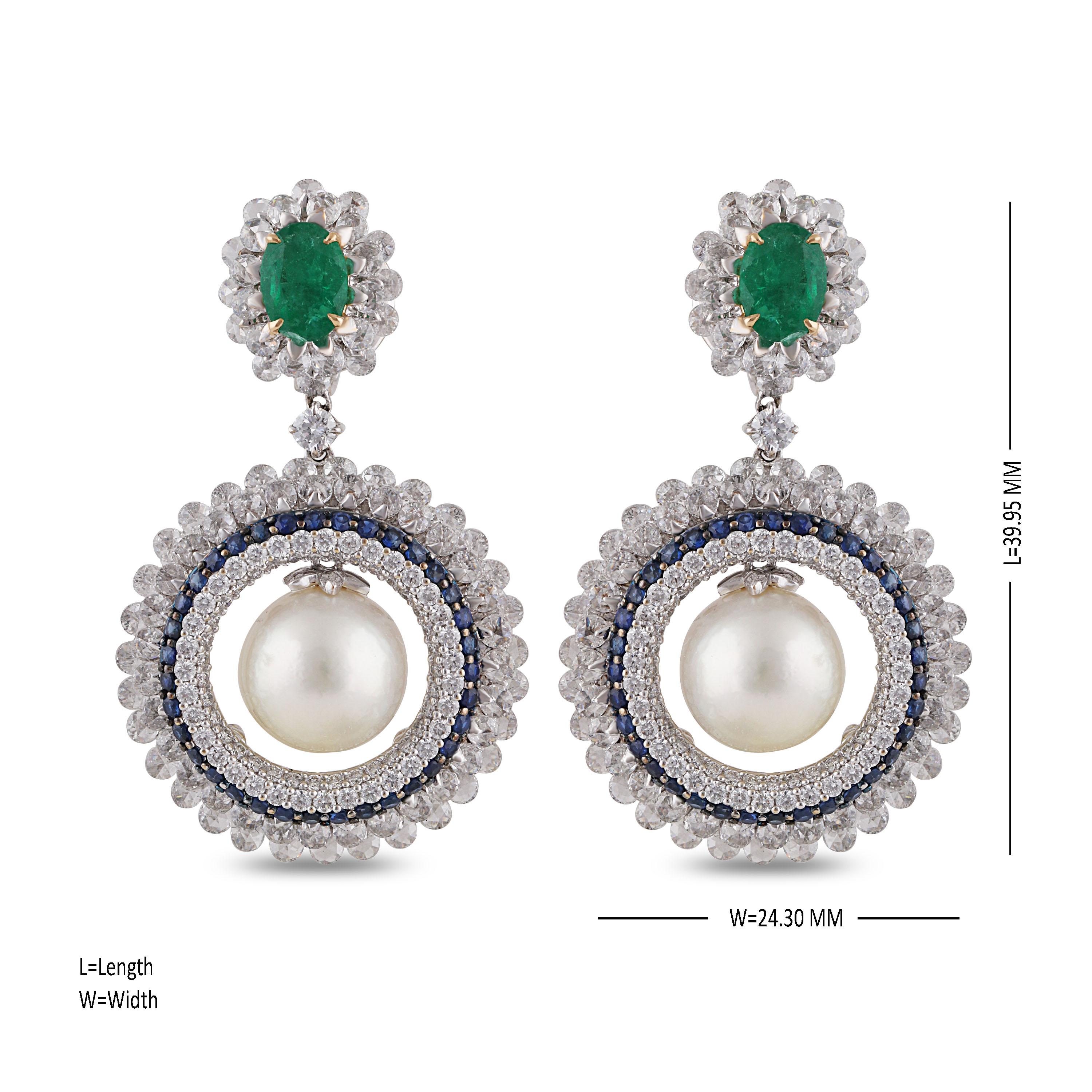 Contemporary Studio Rêves Diamond and Blue Sapphire with Pearl Dangling Earrings in 18K Gold For Sale