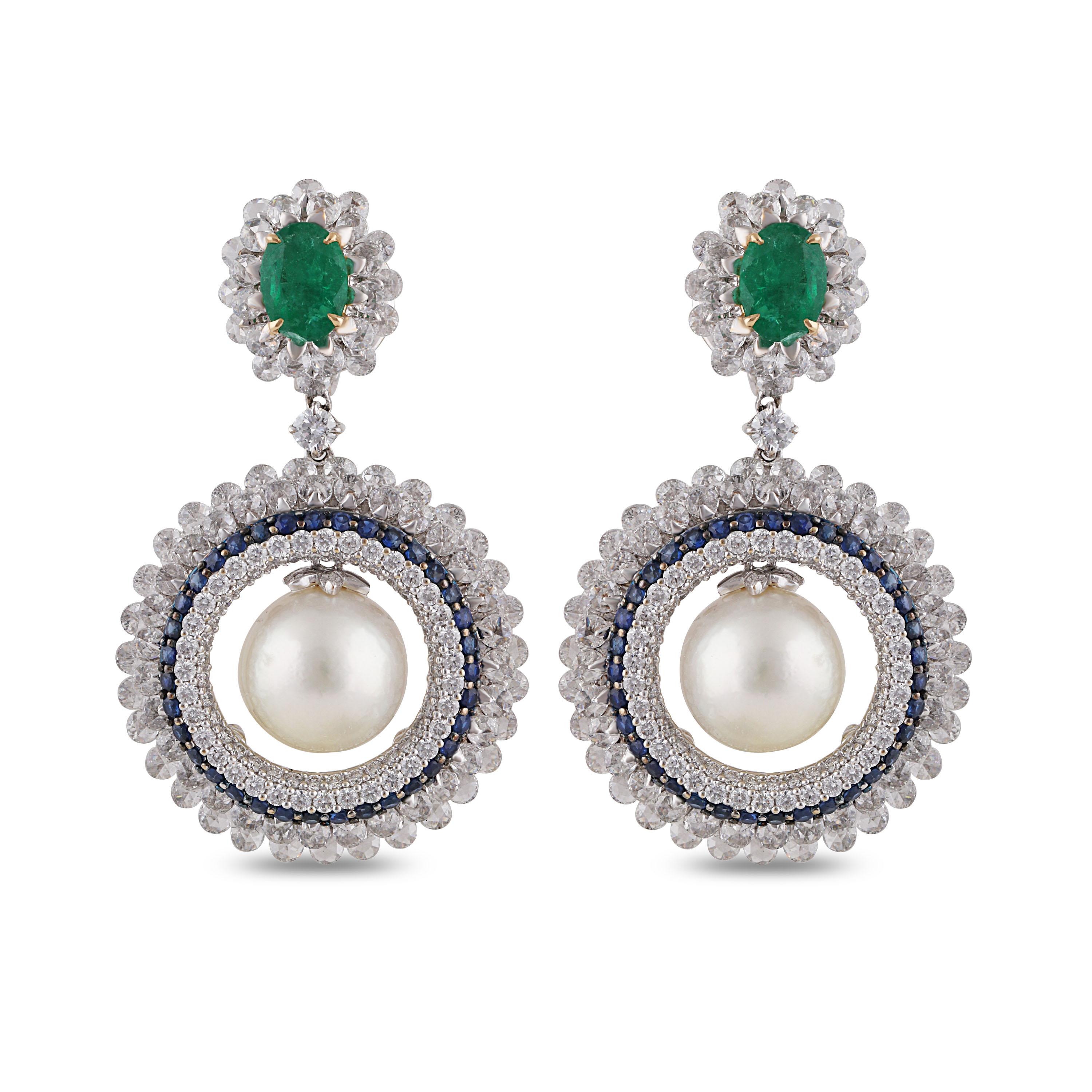 Rose Cut Studio Rêves Diamond and Blue Sapphire with Pearl Dangling Earrings in 18K Gold For Sale
