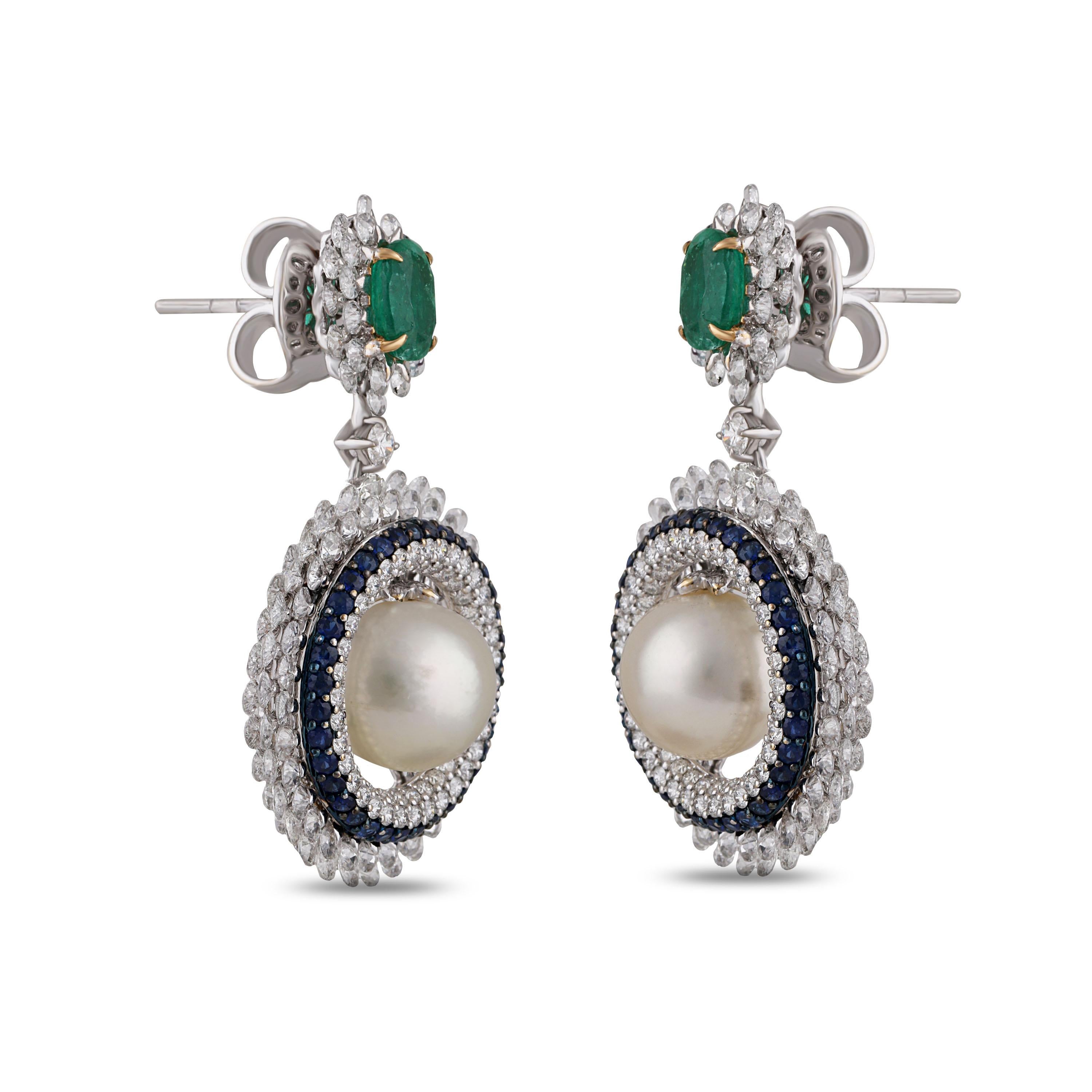 Studio Rêves Diamond and Blue Sapphire with Pearl Dangling Earrings in 18K Gold In New Condition For Sale In Mumbai, Maharashtra