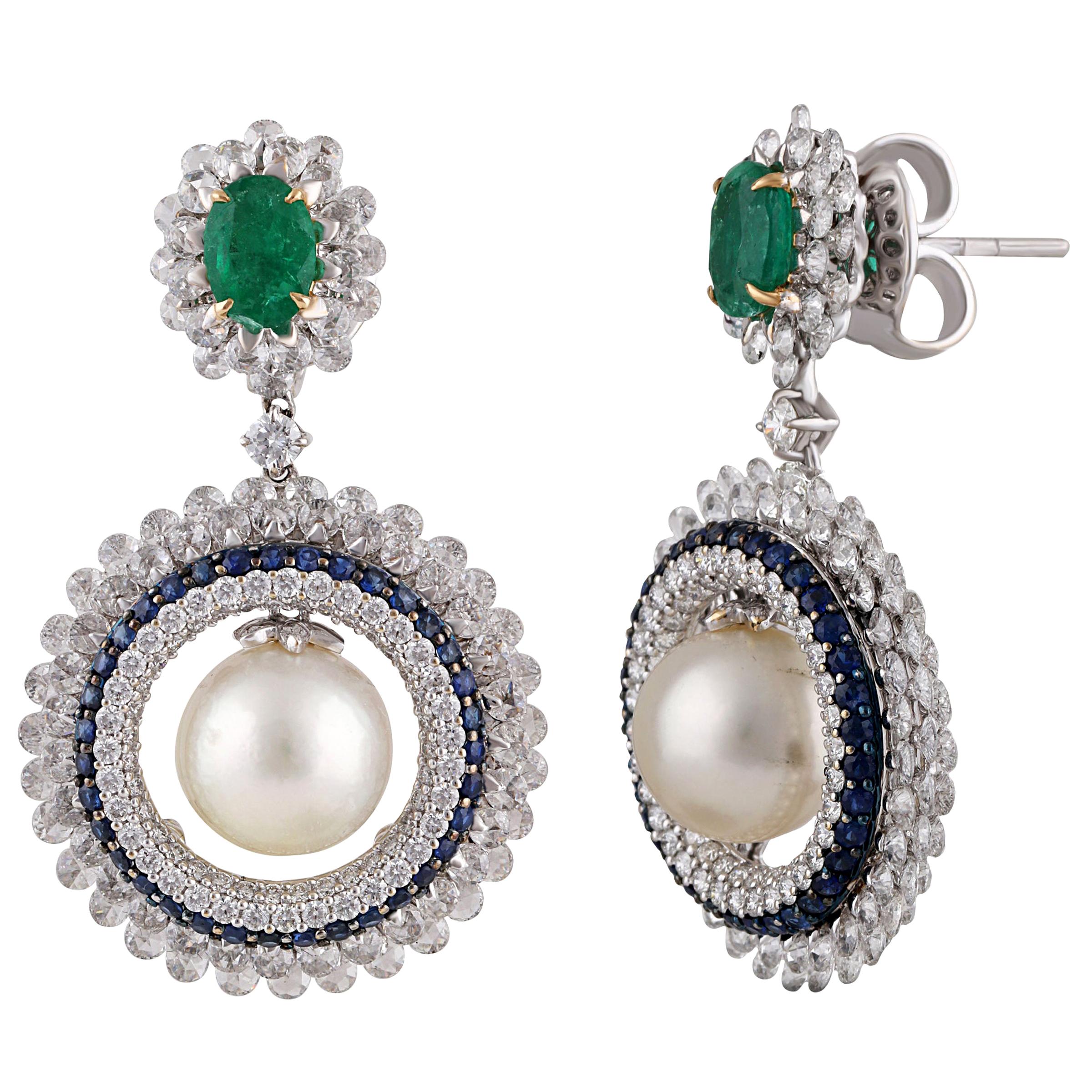 Studio Rêves Diamond and Blue Sapphire with Pearl Dangling Earrings in 18K Gold For Sale