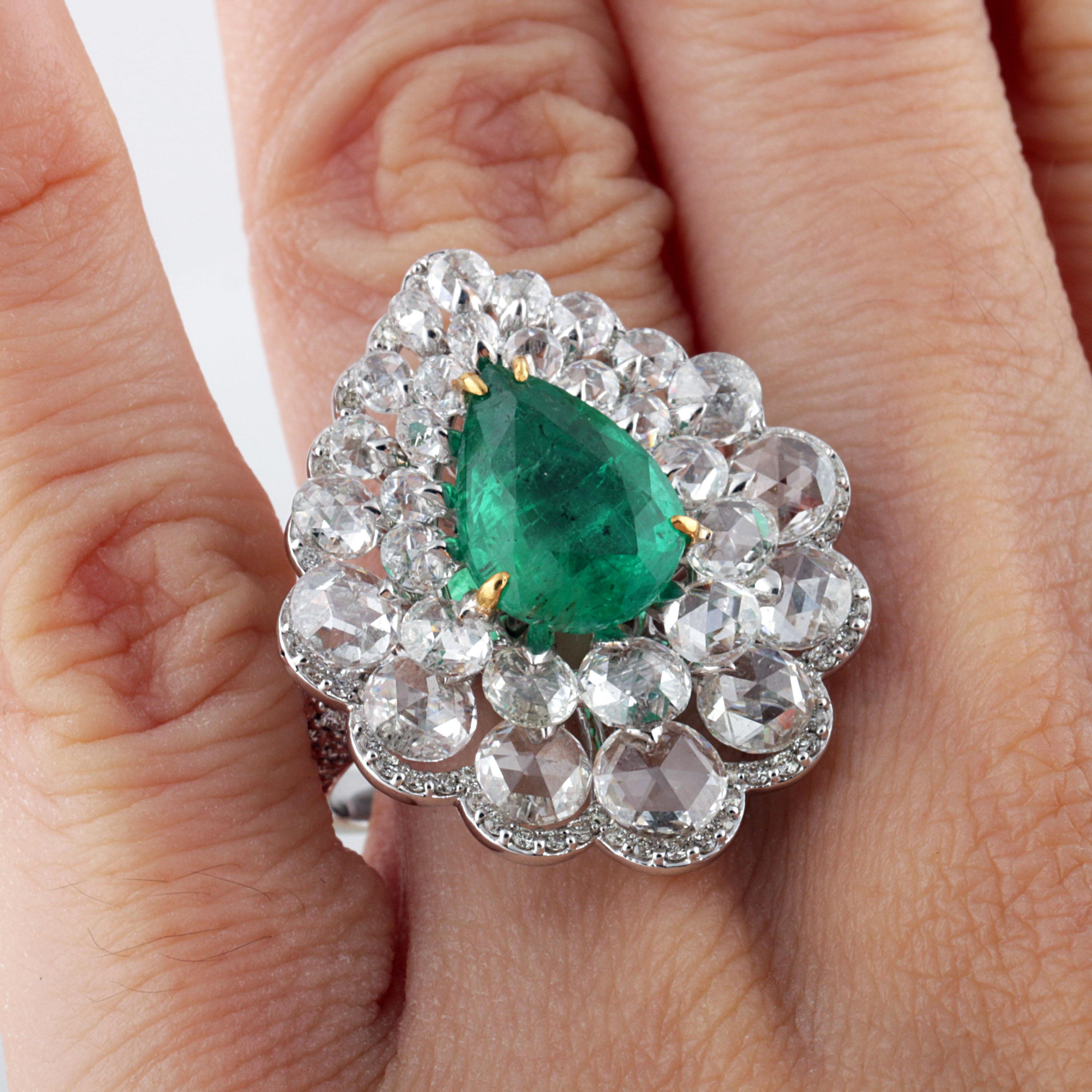 Gross Weight: 10.45 Grams
Diamond Weight: 4.35 cts
Emerald Weight: 2.82 cts
Ring Size: US 6.5 (Resizing can be done)
IGI Certified: Summary No: 15J8652219

Video of the product can be shared Upon Request.

Carefully handcrafted, delicately cut and