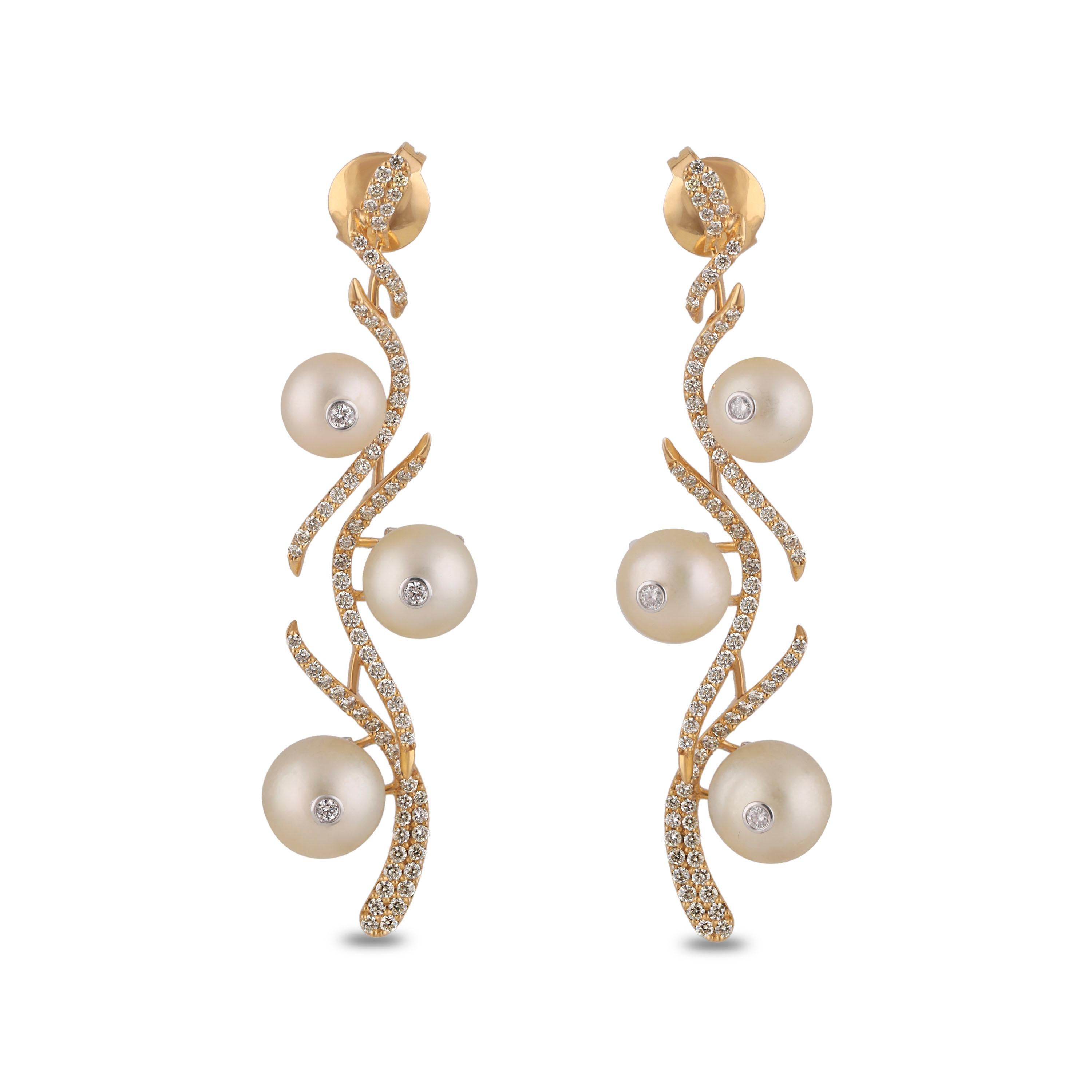 Women's Studio RêvesC Floral Themed Diamond and Pearl Dangling Earrings in 18K Gold For Sale
