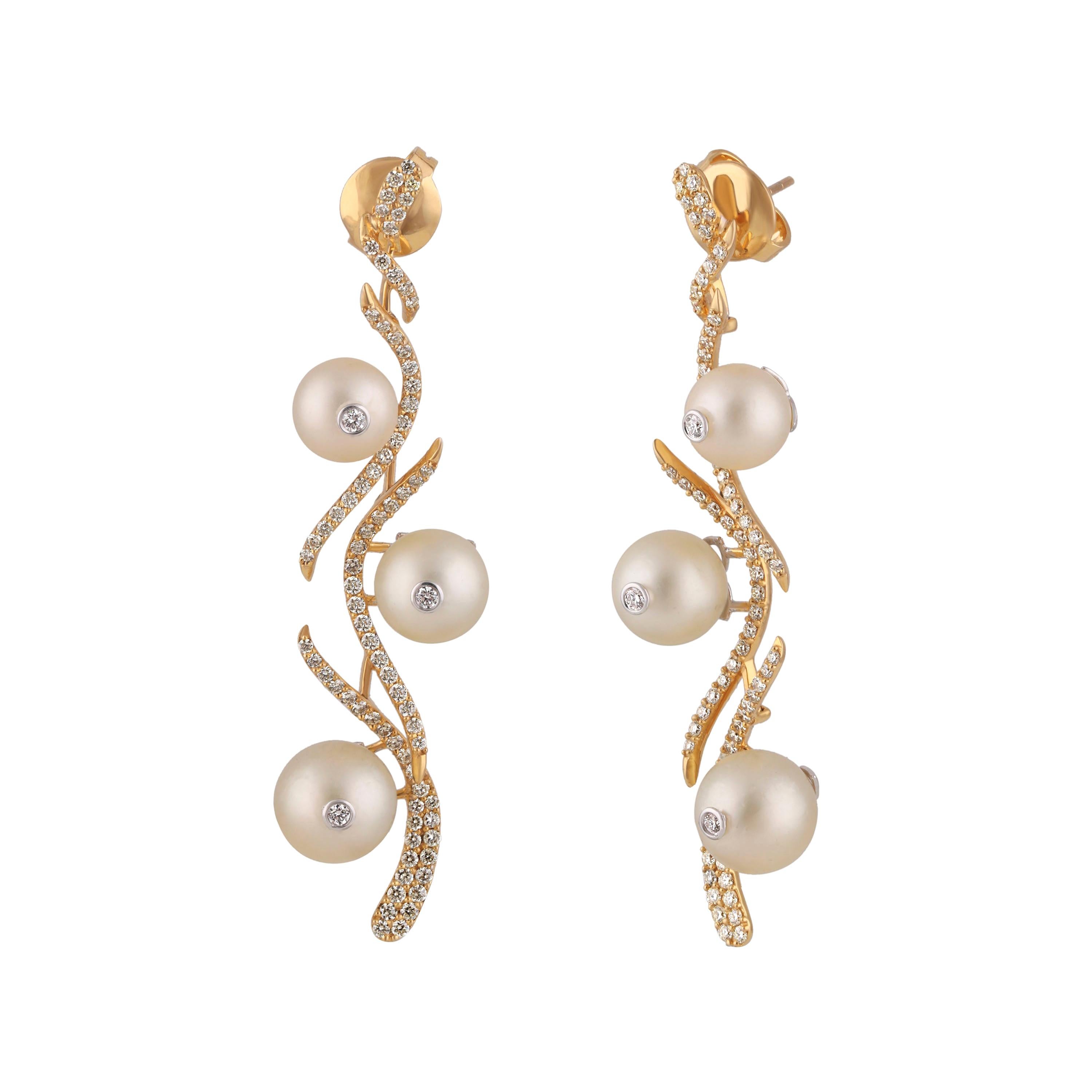 Studio RêvesC Floral Themed Diamond and Pearl Dangling Earrings in 18K Gold For Sale