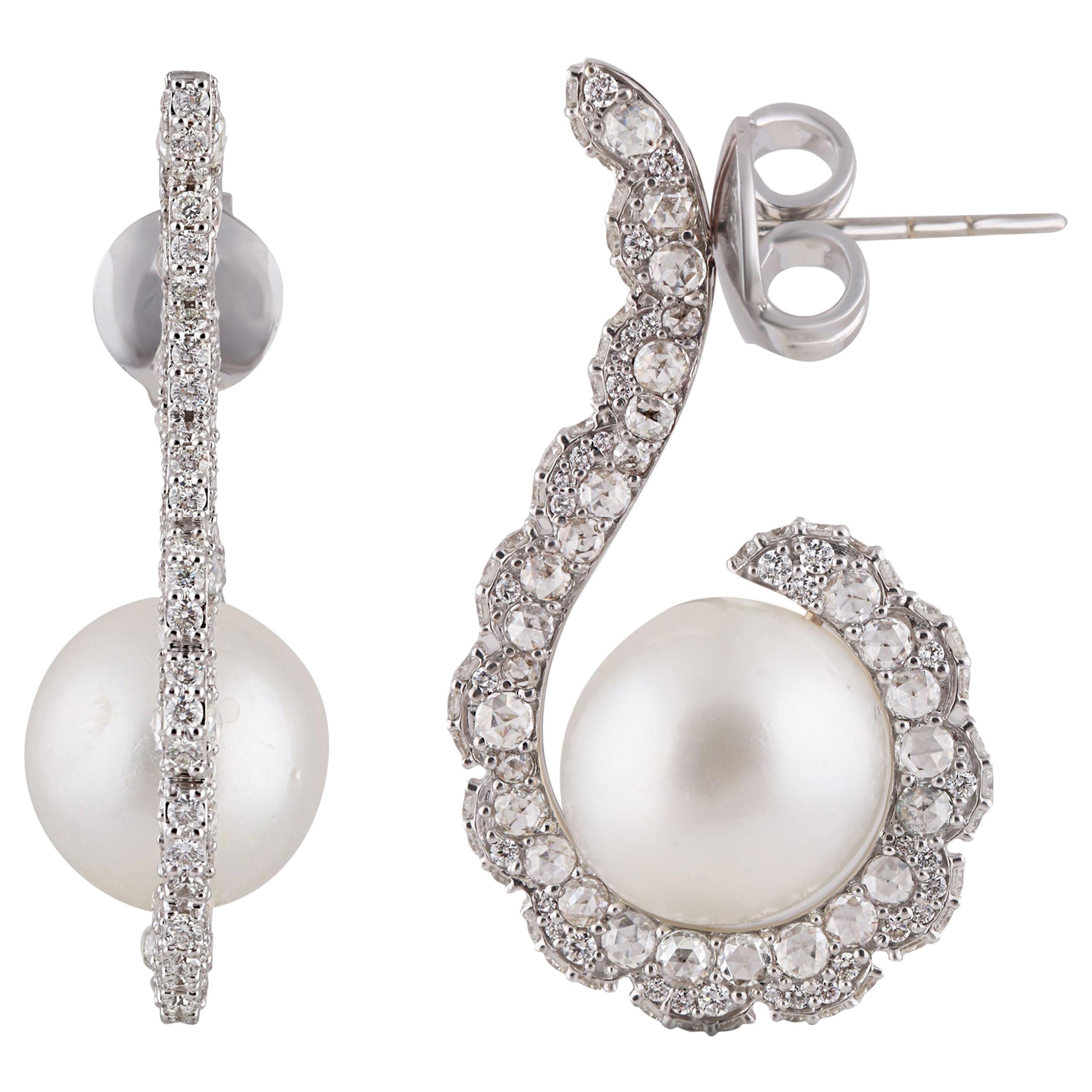 Studio Rêves Diamond and Pearl Wrap Stud Earrings in 18 Karat White Gold For Sale