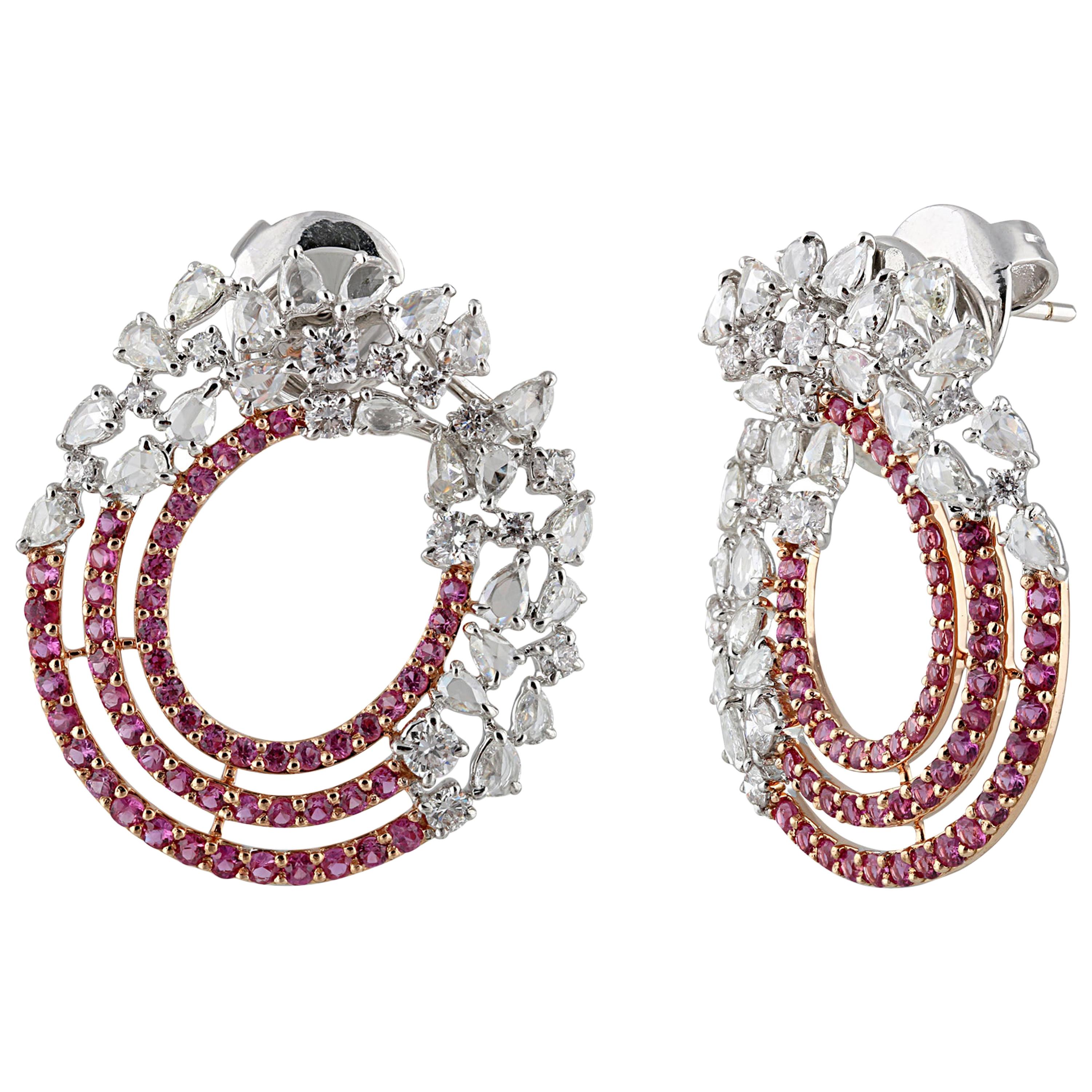 Studio Rêves Diamond and Pink Sapphire Circular Earrings in 18 Karat Gold For Sale