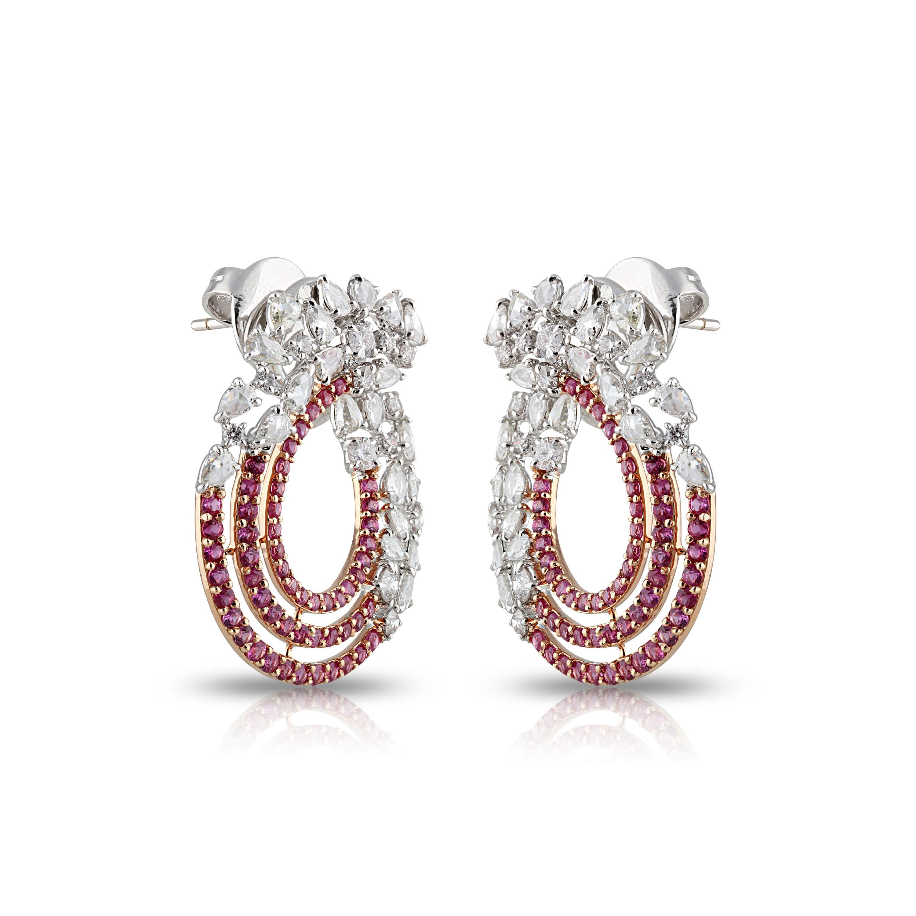 Women's Studio Rêves Diamond and Pink Sapphire Circular Earrings in 18 Karat Gold For Sale