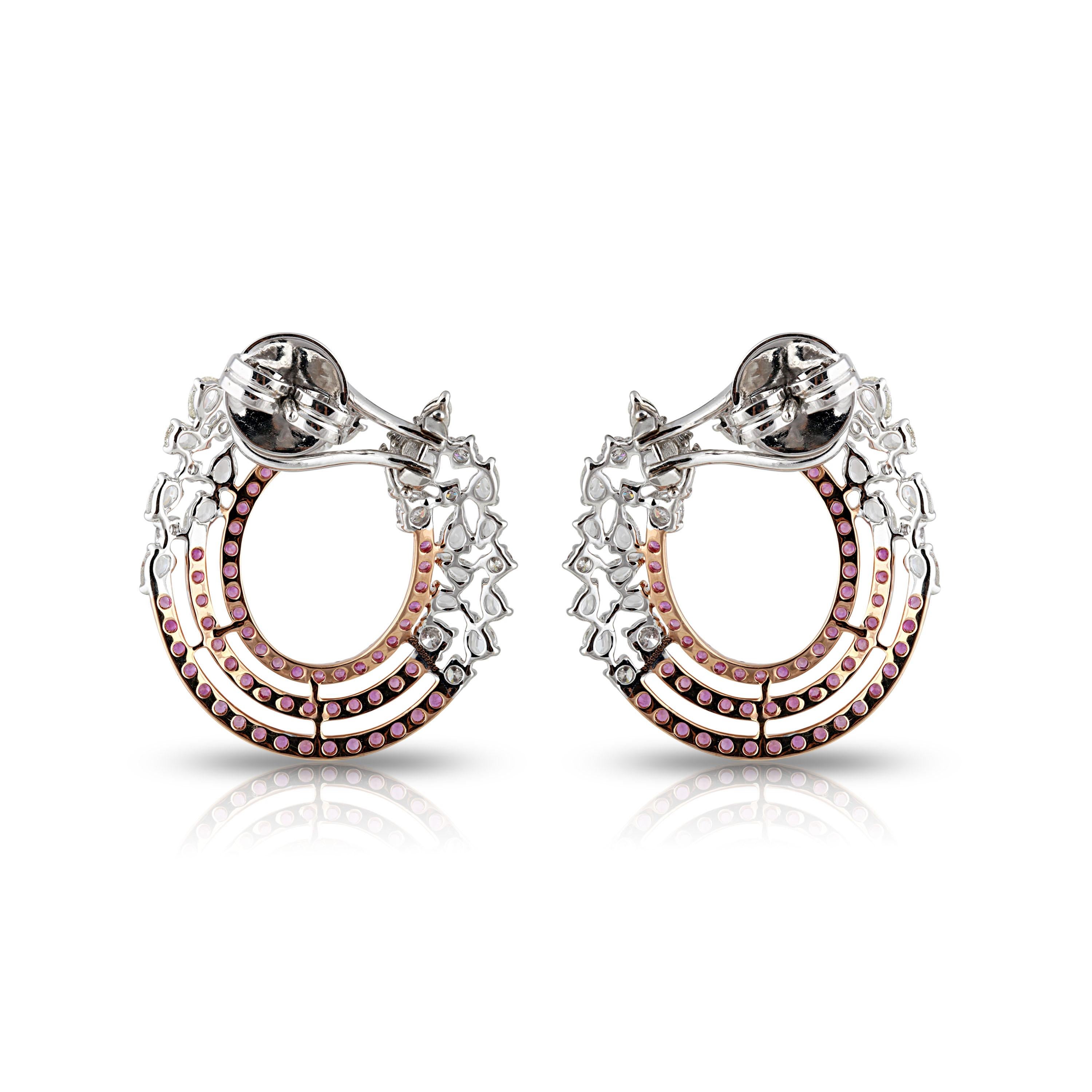 Studio Rêves Diamond and Pink Sapphire Circular Earrings in 18 Karat Gold For Sale 1