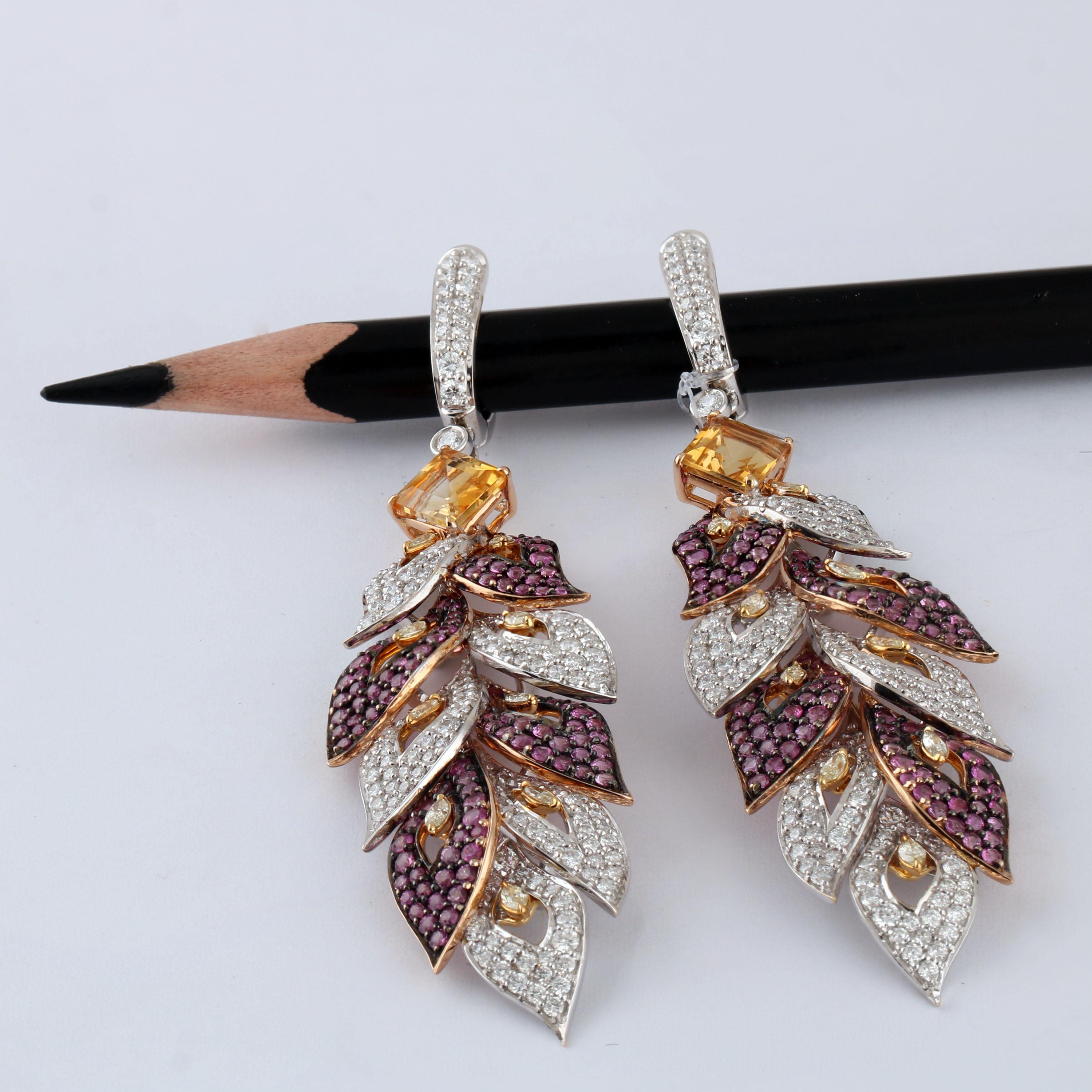 Round Cut Studio Rêves Diamond and Pink Sapphire Leaves Dangling Earrings in 18 Karat Gold For Sale