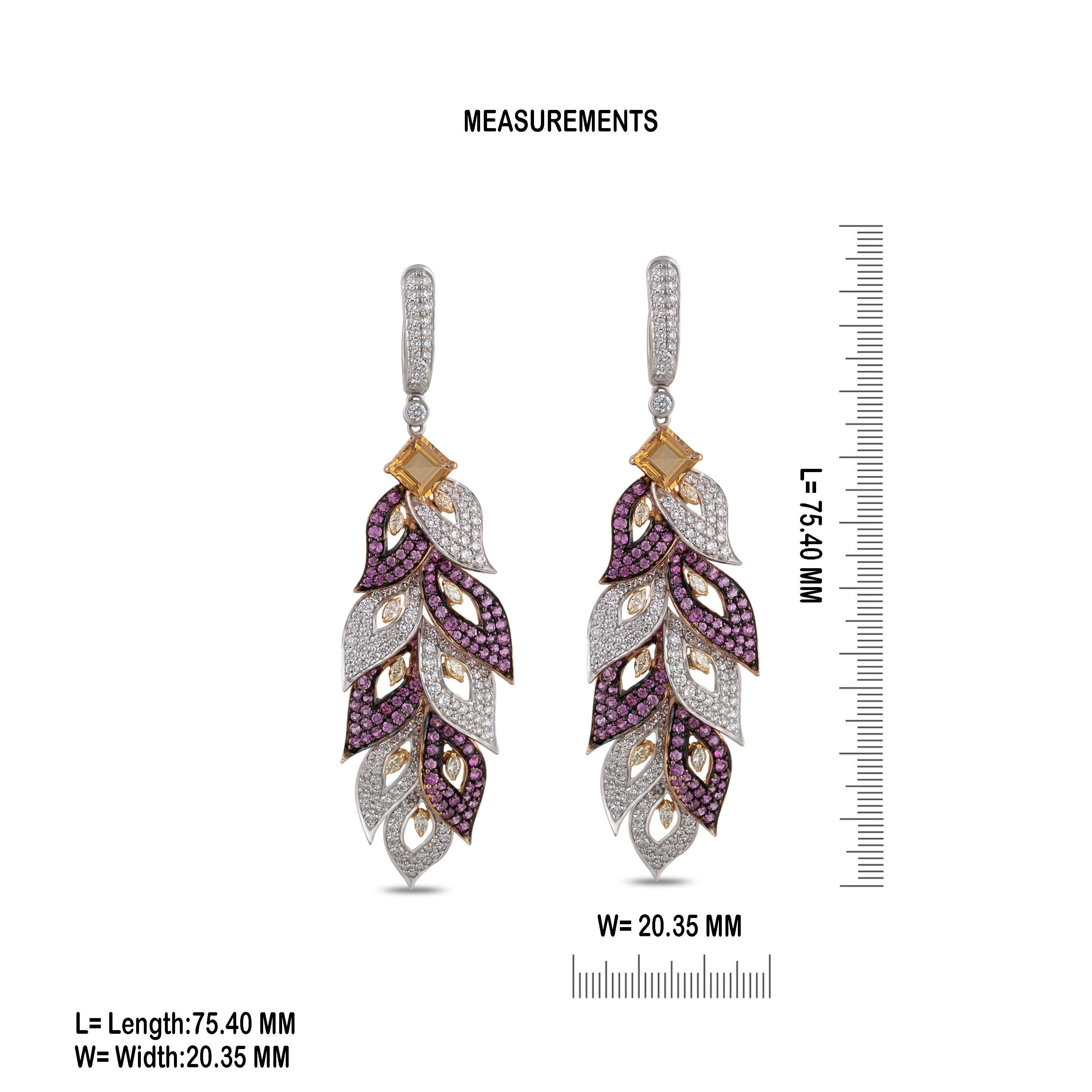 Studio Rêves Diamond and Pink Sapphire Leaves Dangling Earrings in 18 Karat Gold In New Condition For Sale In Mumbai, Maharashtra