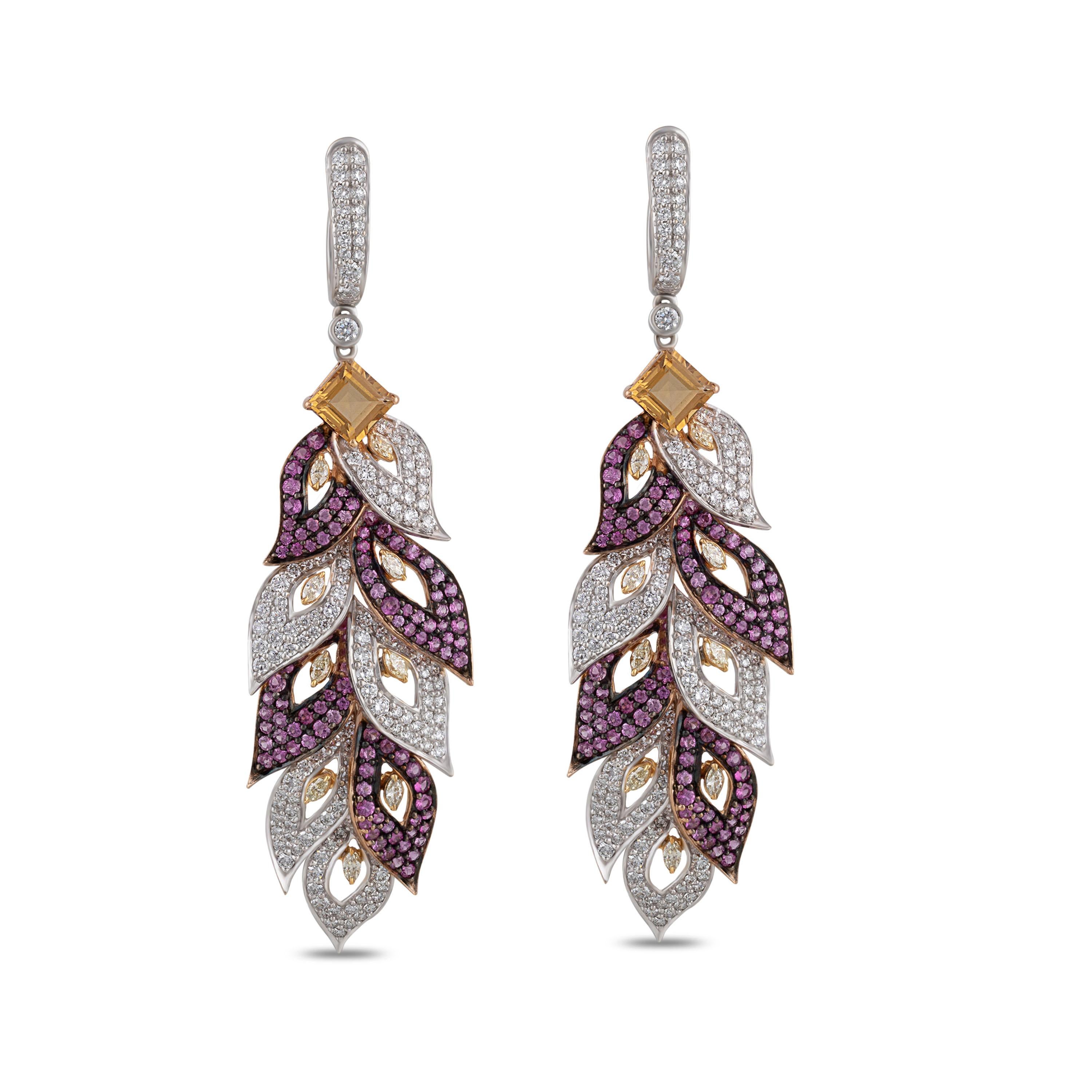 Women's Studio Rêves Diamond and Pink Sapphire Leaves Dangling Earrings in 18 Karat Gold For Sale