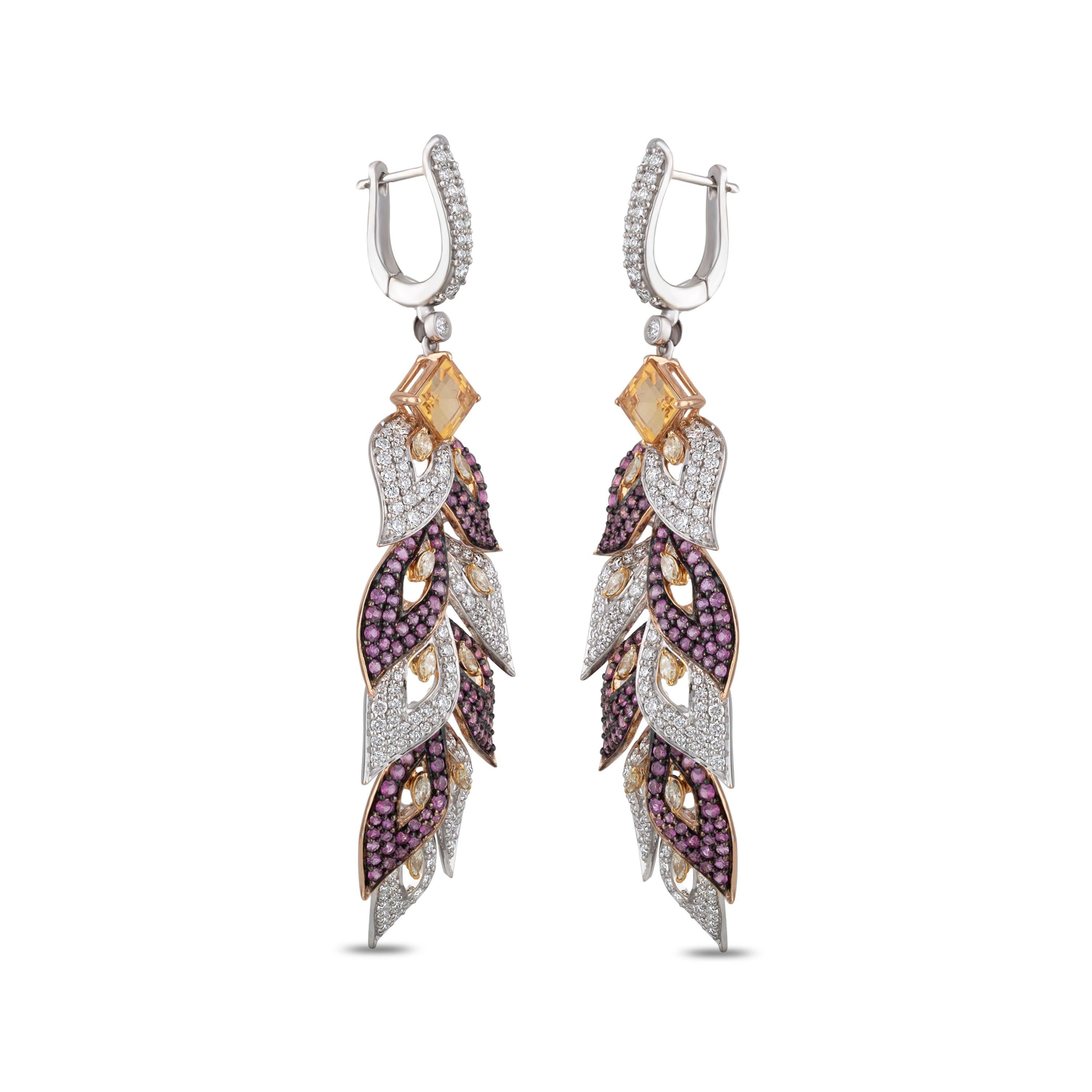 Studio Rêves Diamond and Pink Sapphire Leaves Dangling Earrings in 18 Karat Gold For Sale 1