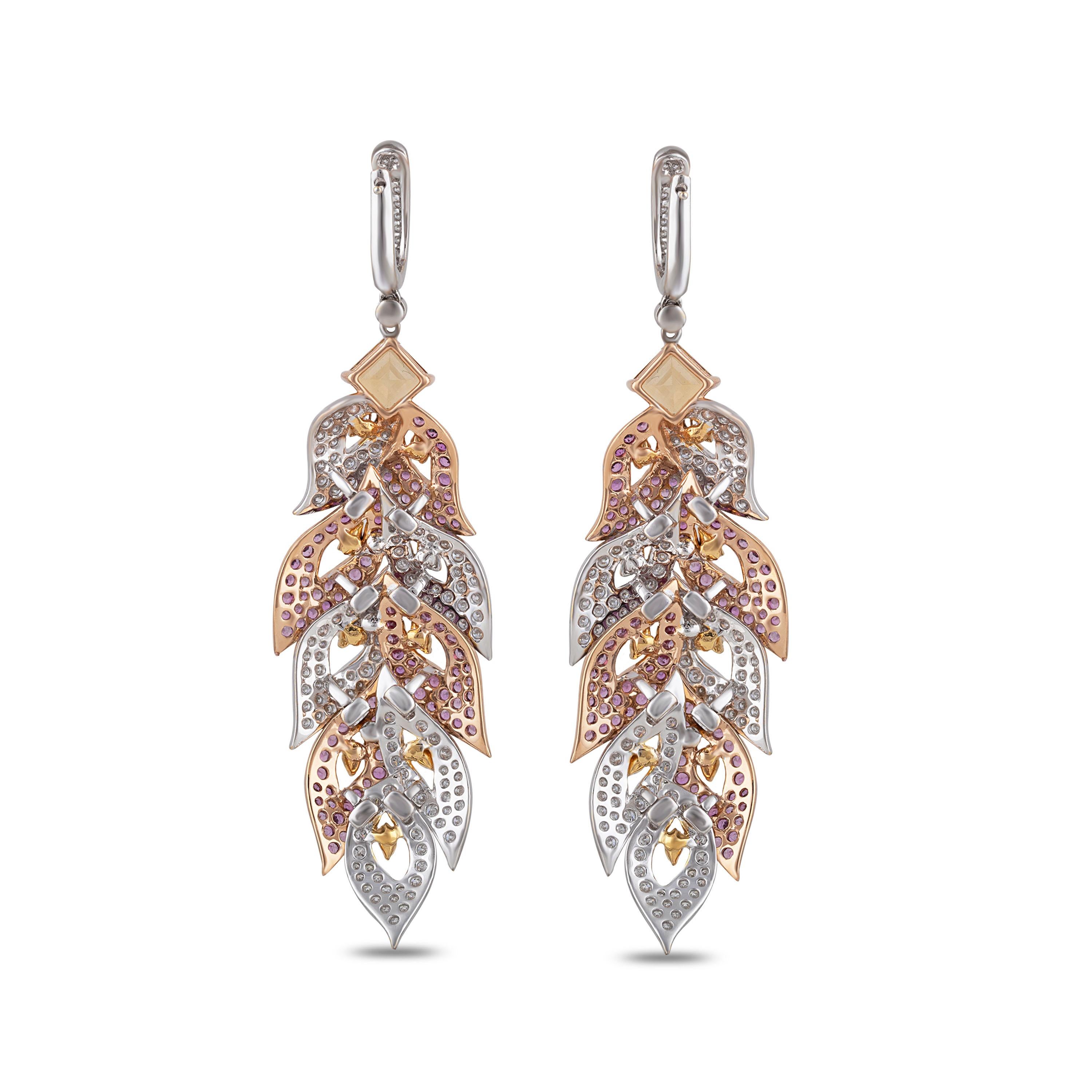 Studio Rêves Diamond and Pink Sapphire Leaves Dangling Earrings in 18 Karat Gold For Sale 2