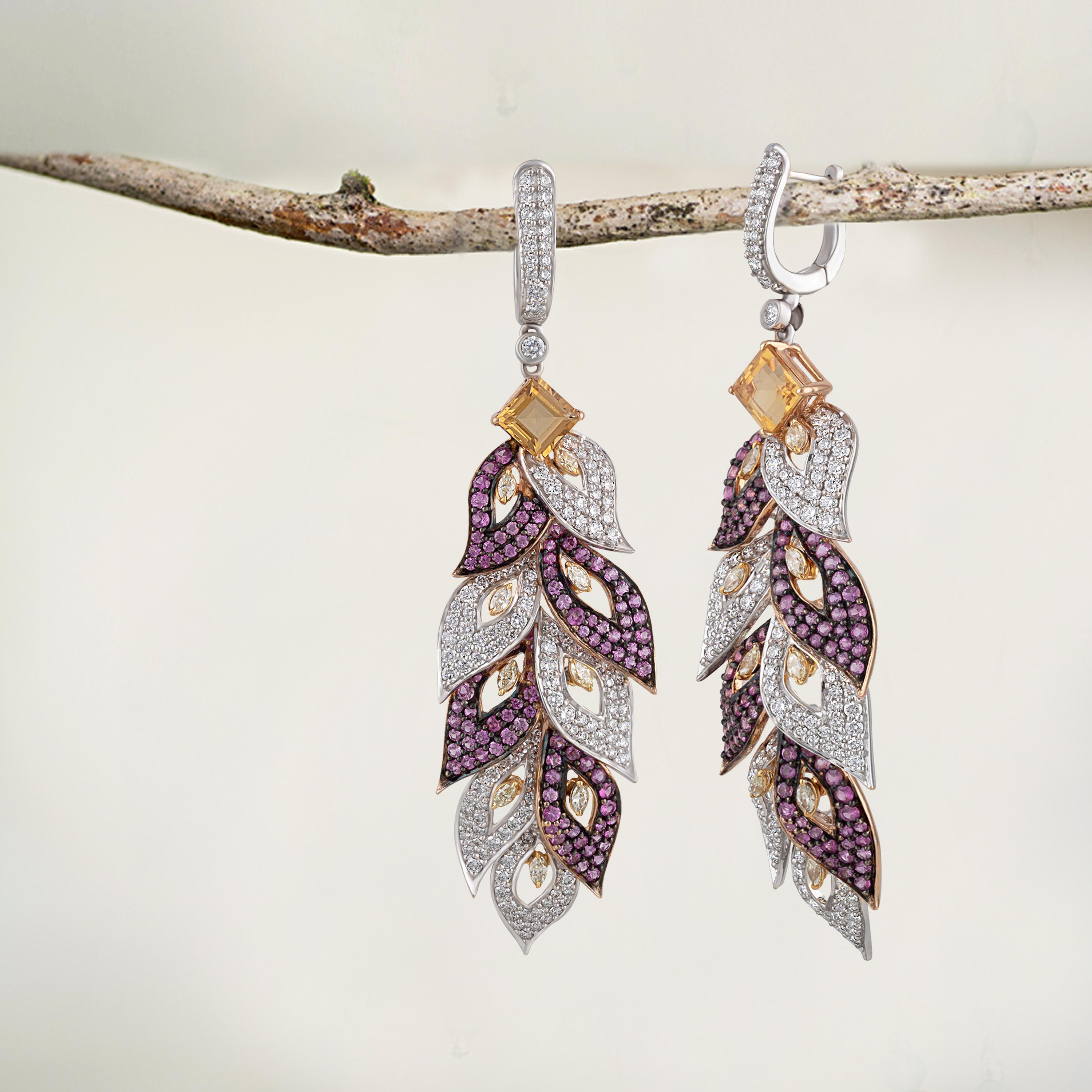 Studio Rêves Diamond and Pink Sapphire Leaves Dangling Earrings in 18 Karat Gold For Sale 3