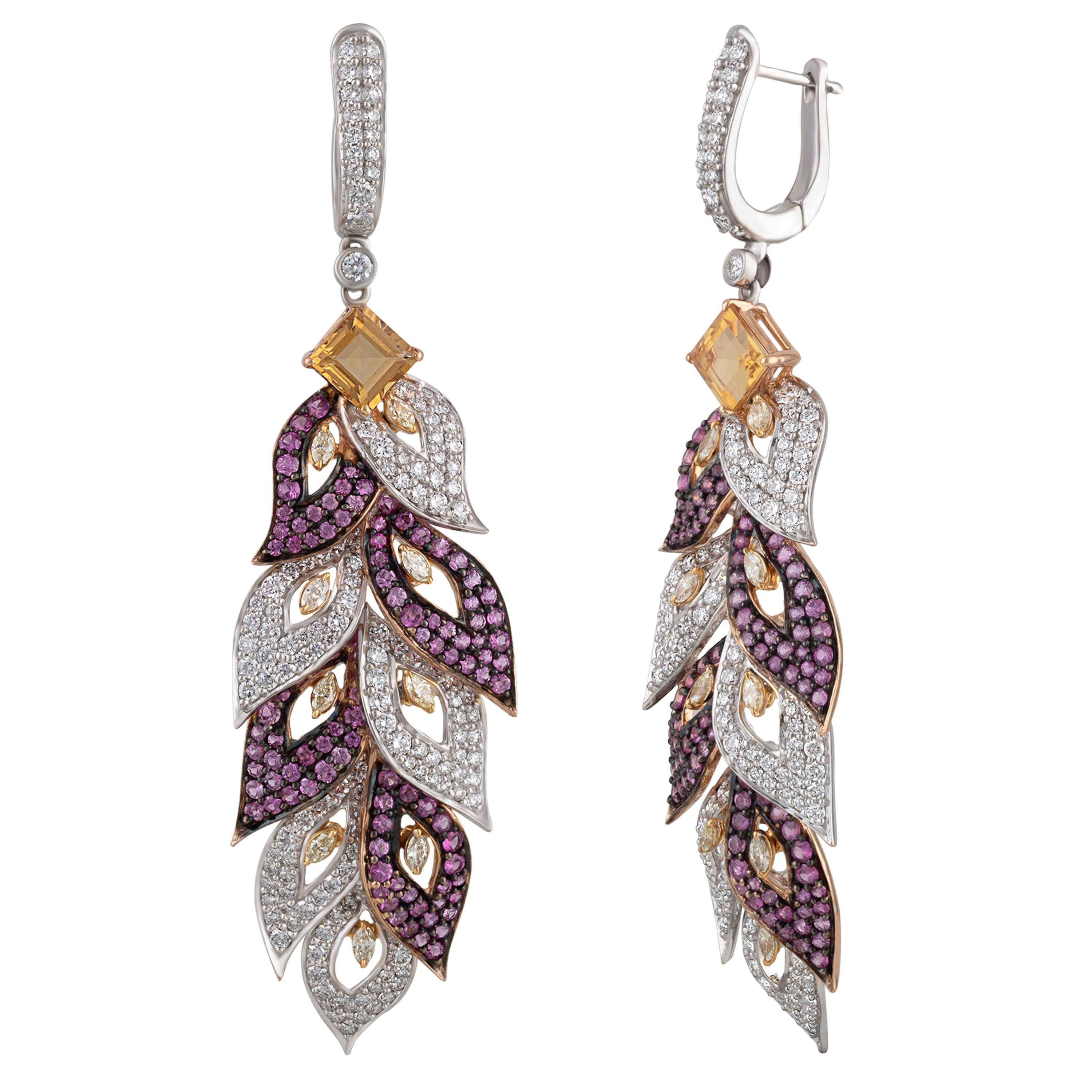 Studio Rêves Diamond and Pink Sapphire Leaves Dangling Earrings in 18 Karat Gold For Sale