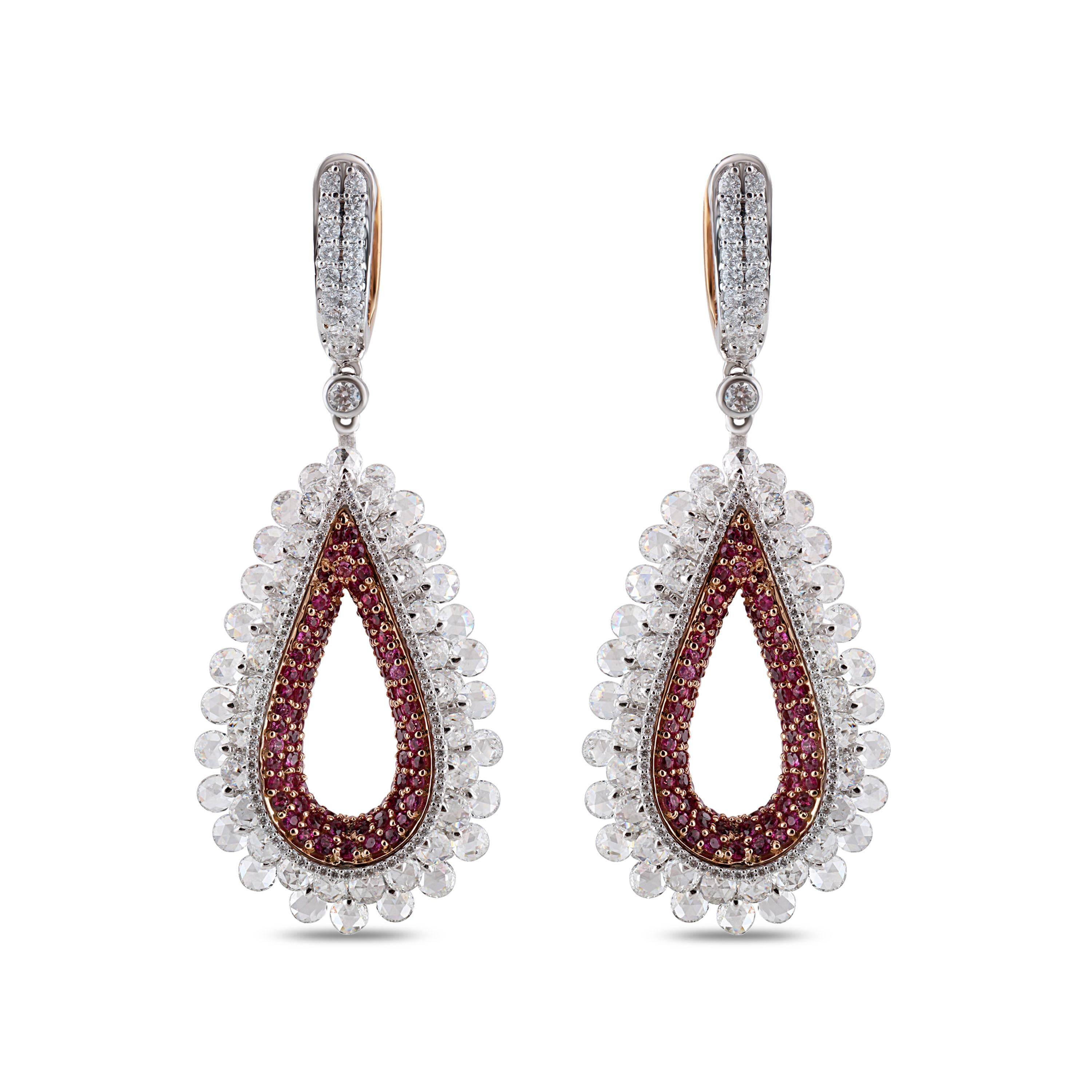 This teardrop-shaped pair of 18K white gold and rose gold earrings featuring brilliant cut and rose cut diamonds will become a treasured part of your jewelry collection almost instantly. Adding charm to this style is a row of superior pink